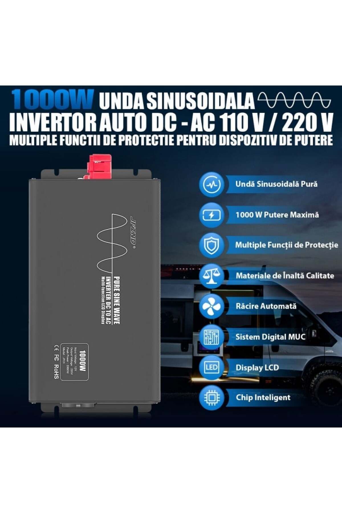 TECHSTAR-® Pure Sine Wave Power Inverter, Dc 24v To Ac 220v, Lcd Display, 1000w, Suitable For Caravan 10