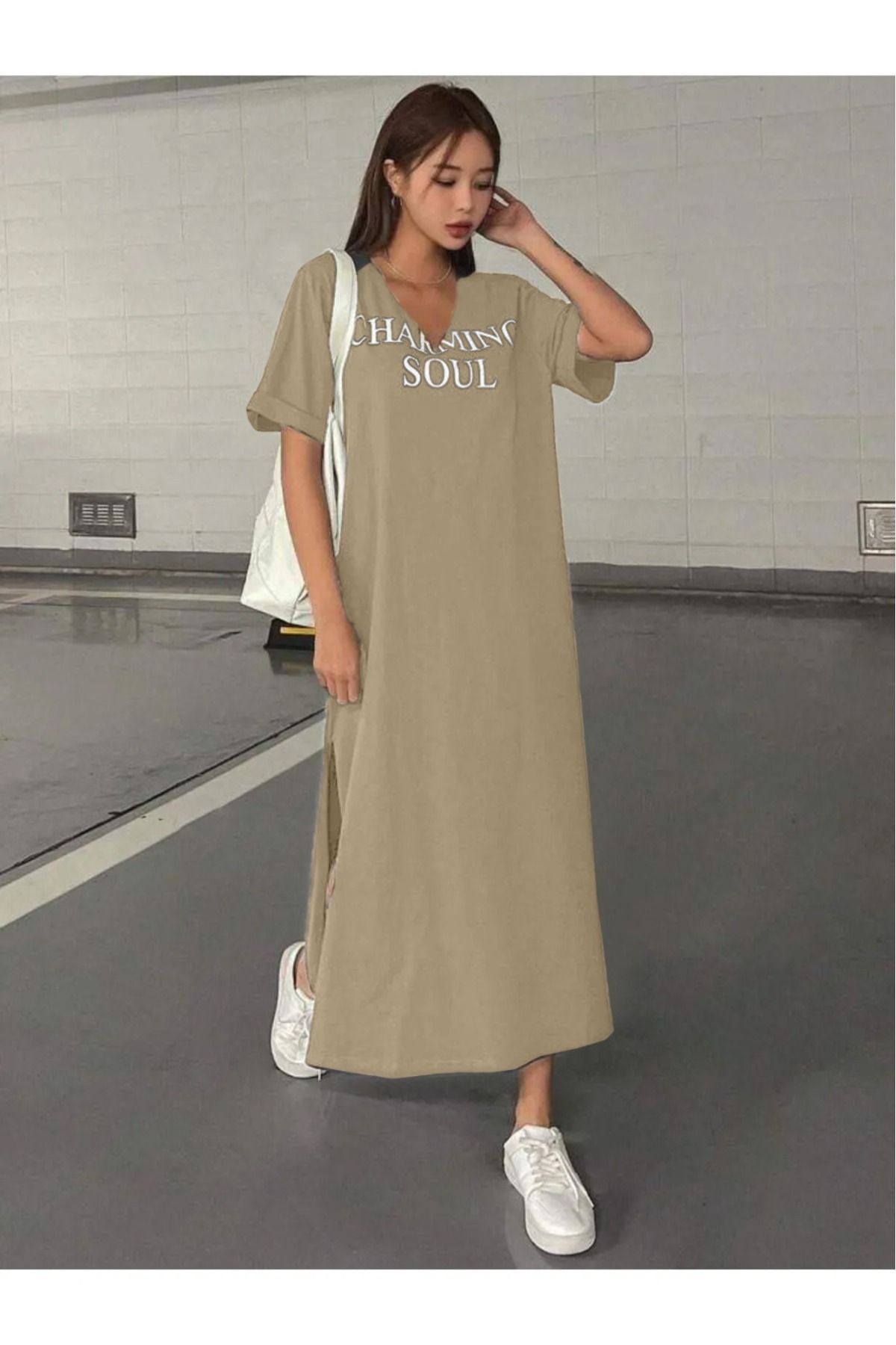 NoVibe Kadın Büyük Beden Charming Soul Baskılı V Yaka T-shirt Elbise/tunik