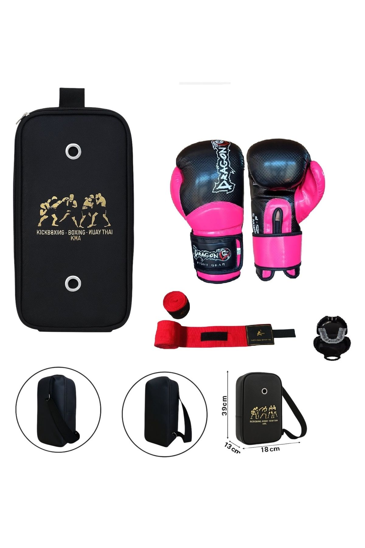 Dragondo Carbon 5 Pembe Boks Eldiveni Kick Boks Muay Thai Eldiveni 3'lü Set ve Eldiven Taşıma Çantalı
