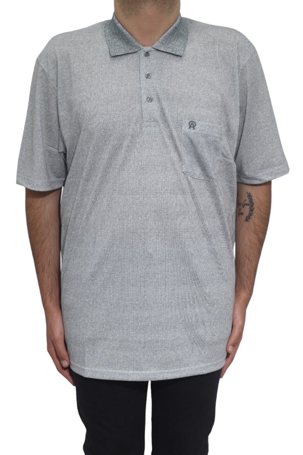 Özhürmet Triko Dmc Tekstil Erkek Haki Yeşil Desenli Klasik Kesim Rahat Kalıp Tek Cepli Polo Yaka Battal T-Shirt