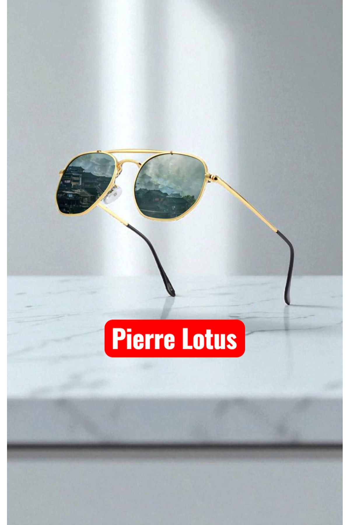 Pierre Lotus Unisex Gold Kaplama Yeşil Cam Geometri Unisex Güneş Gözlüğü plg1124