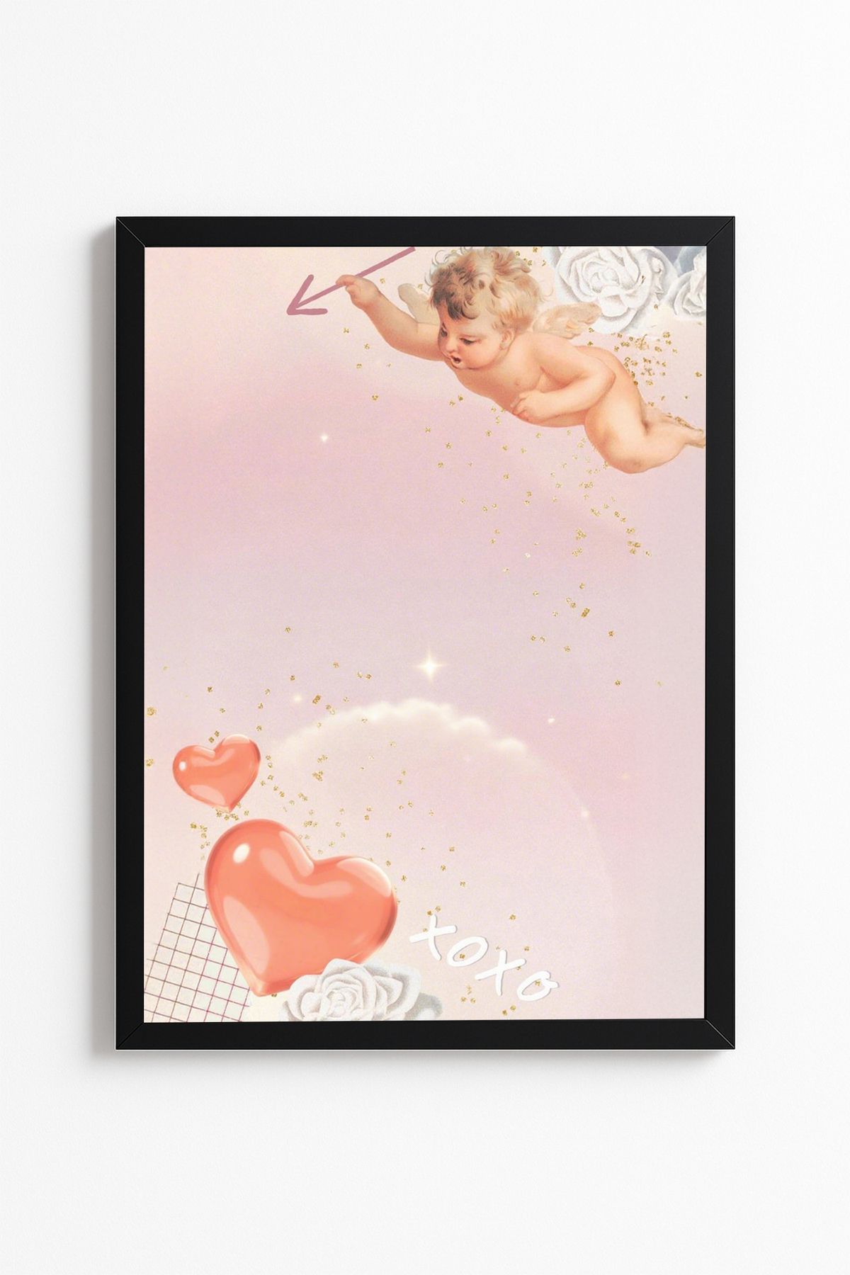 Patte Estetik Melekli Kalpli XOXO Yazılı Pembe Duvar Posteri - Çerçevesiz Poster Yüksek Kaliteli Tablo