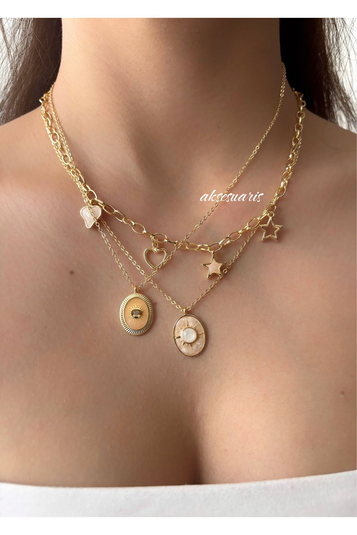 aksesuaris 3'lü Mineli Kalp Yıldız Charm Gold Kadın Kolye Kombin