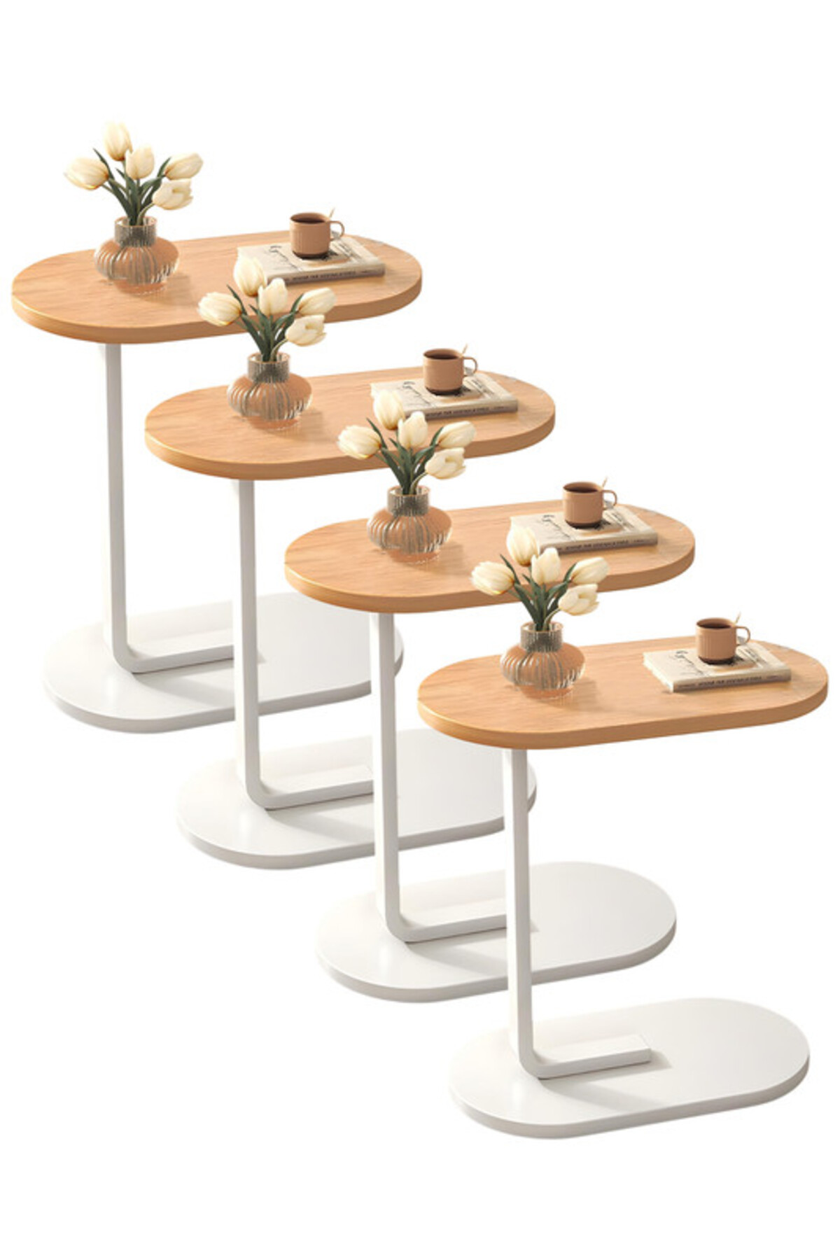 مجموعة من 4 طاولات قهوة عصرية | طاولة جانبية على شكل حرف C بسطح من الخشب البيج وإطار معدني أبيض