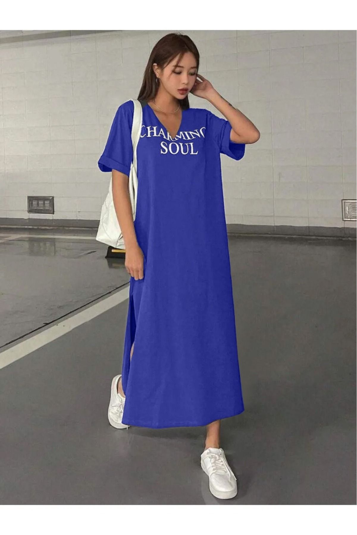 NoVibe Kadın Büyük Beden Charming Soul Baskılı V Yaka T-shirt Elbise/tunik