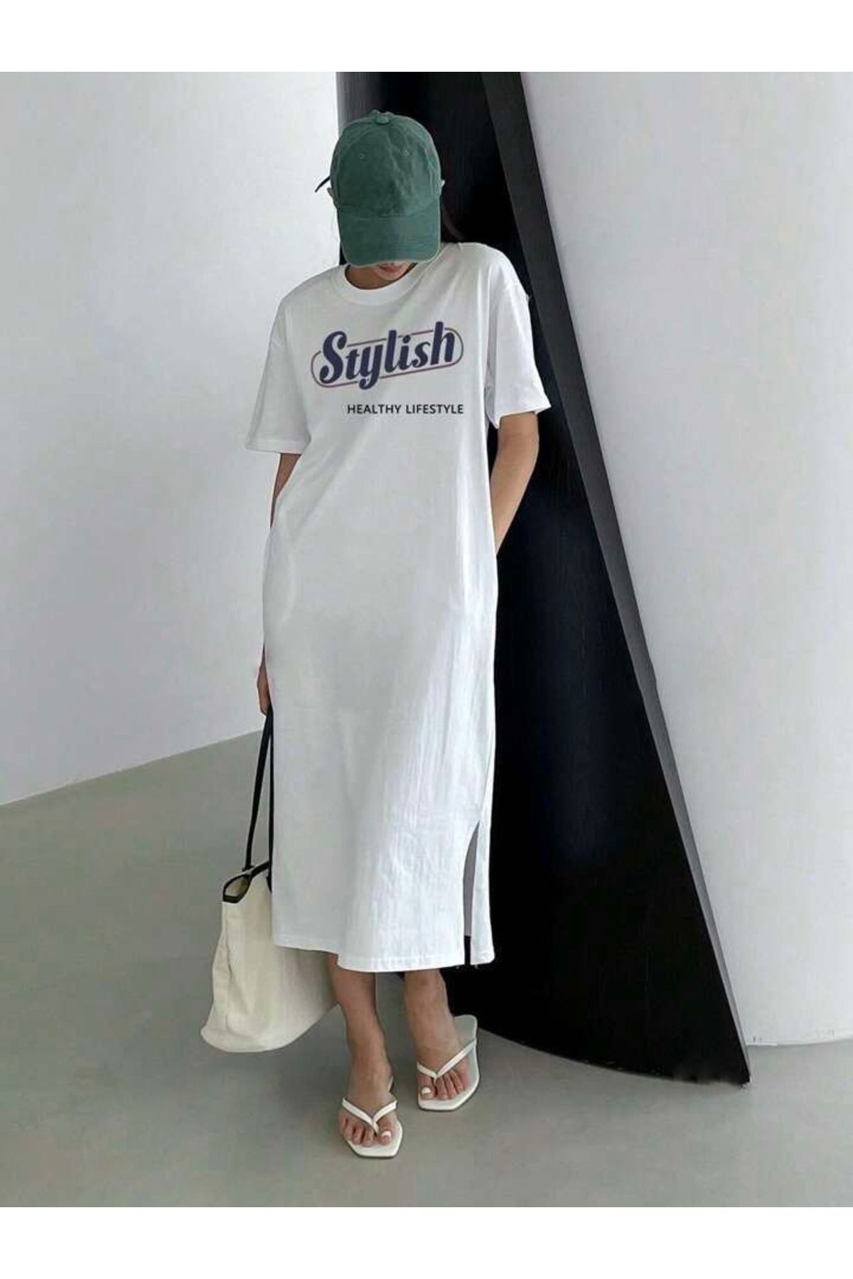 NoVibe Kadın Büyük Beden Stylish Healthy Lifestyle Baskılı T-shirt Elbise/tunik