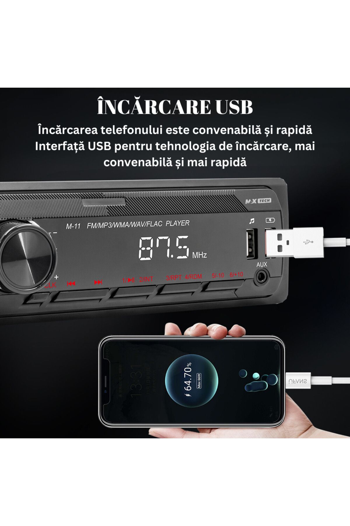 MaxTech-Radio mp3 Player, Car Cassette Player with Remote Control 1 Din, Bluetooth Functions, CardSD, 2x USB, Auxiliary 7
