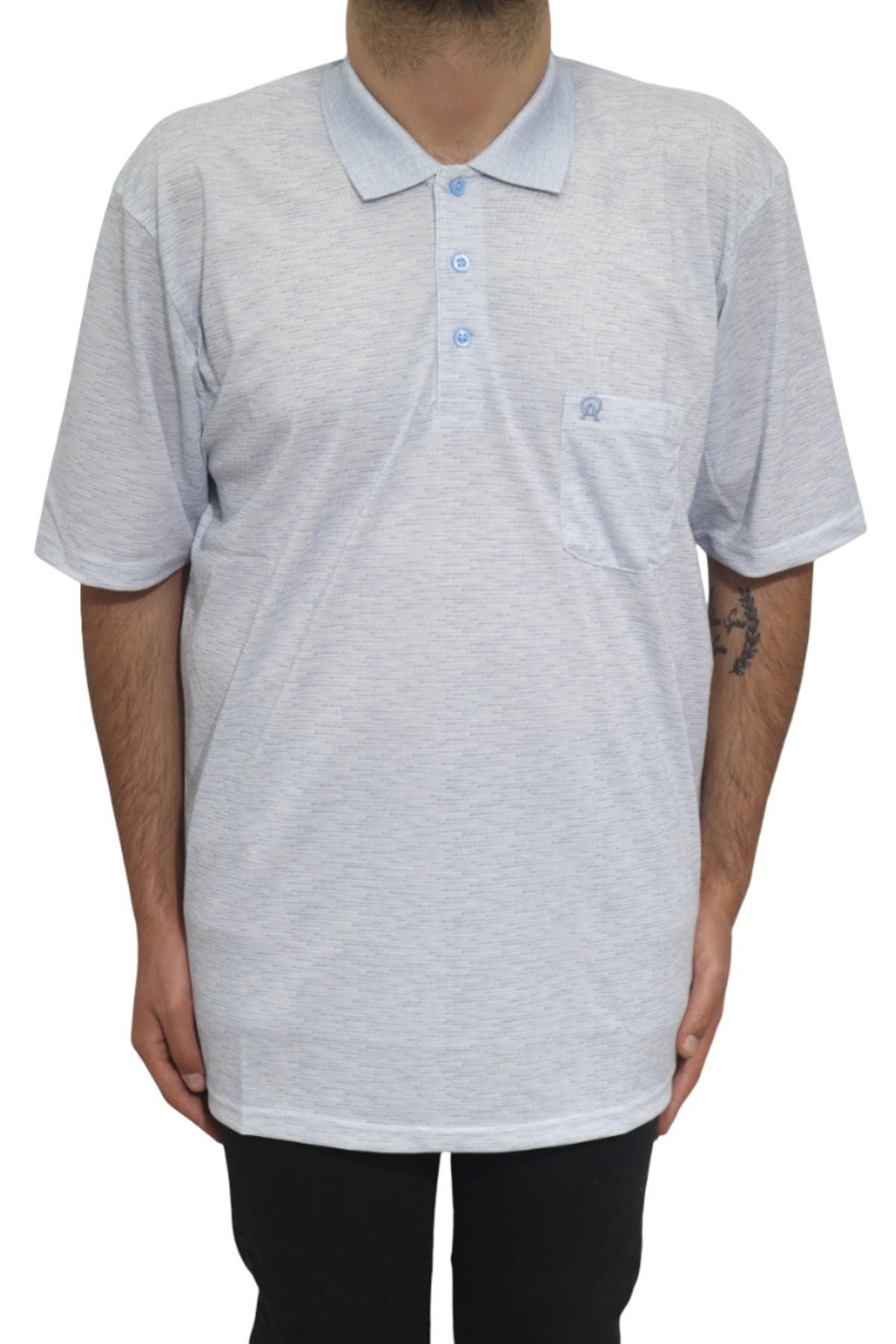 Özhürmet Triko Dmc Tekstil Erkek Mavi Desenli Klasik Kesim Rahat Kalıp Tek Cepli Polo Yaka Battal T-Shirt