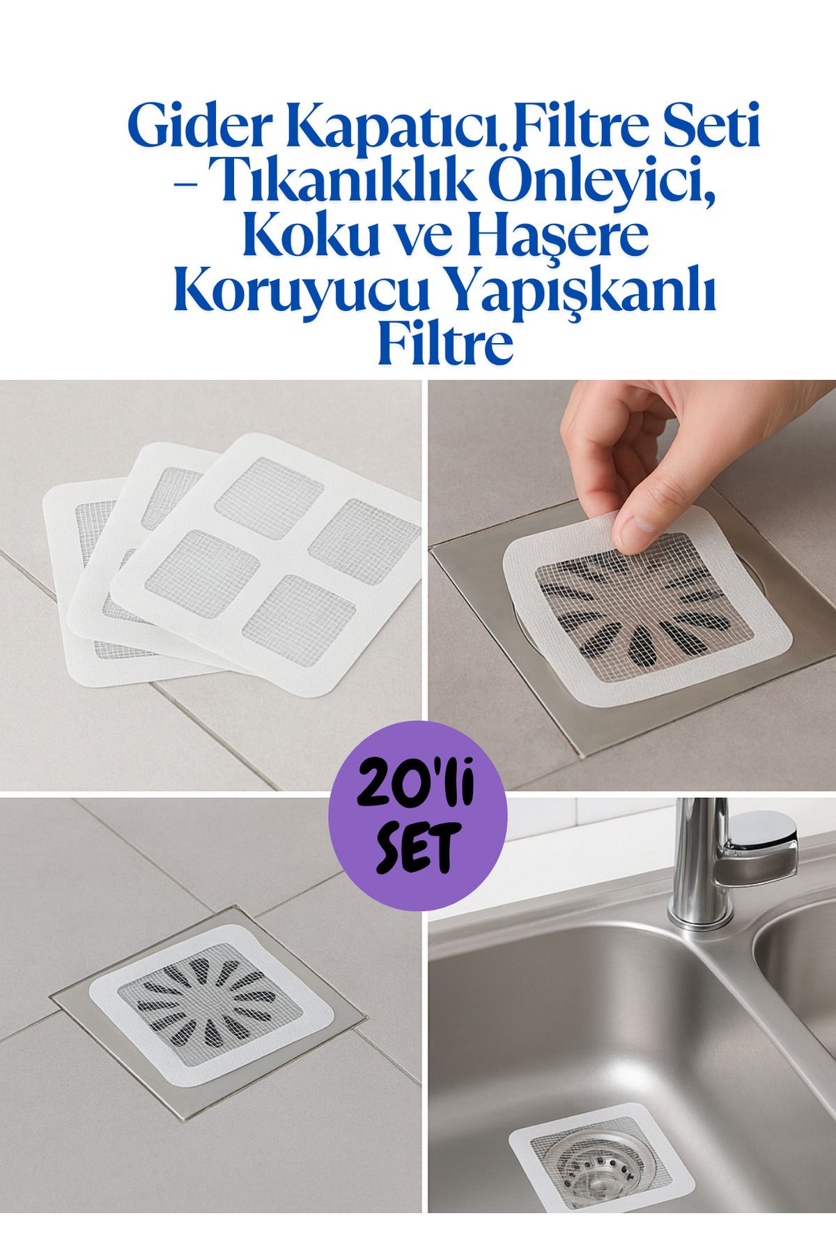 BRE HOME 20’li Gider Kapatıcı Filtre Seti – Tıkanıklık Önleyici, Koku ve Haşere Koruyucu Yapışkanlı Filtre