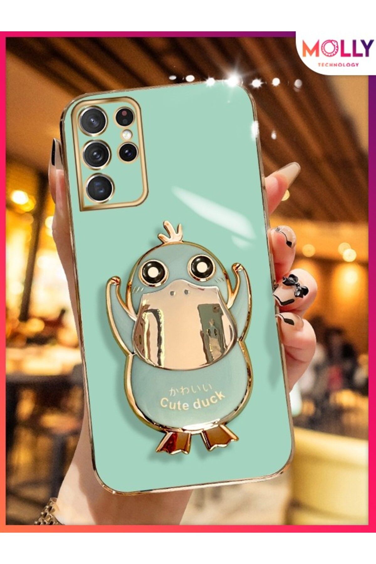 Molly Samsung Galaxy S21 ULTRA İçin Su Yeşili Sevimli Ördek Standlı Gold Detaylı Lüks Silikon Kılıf