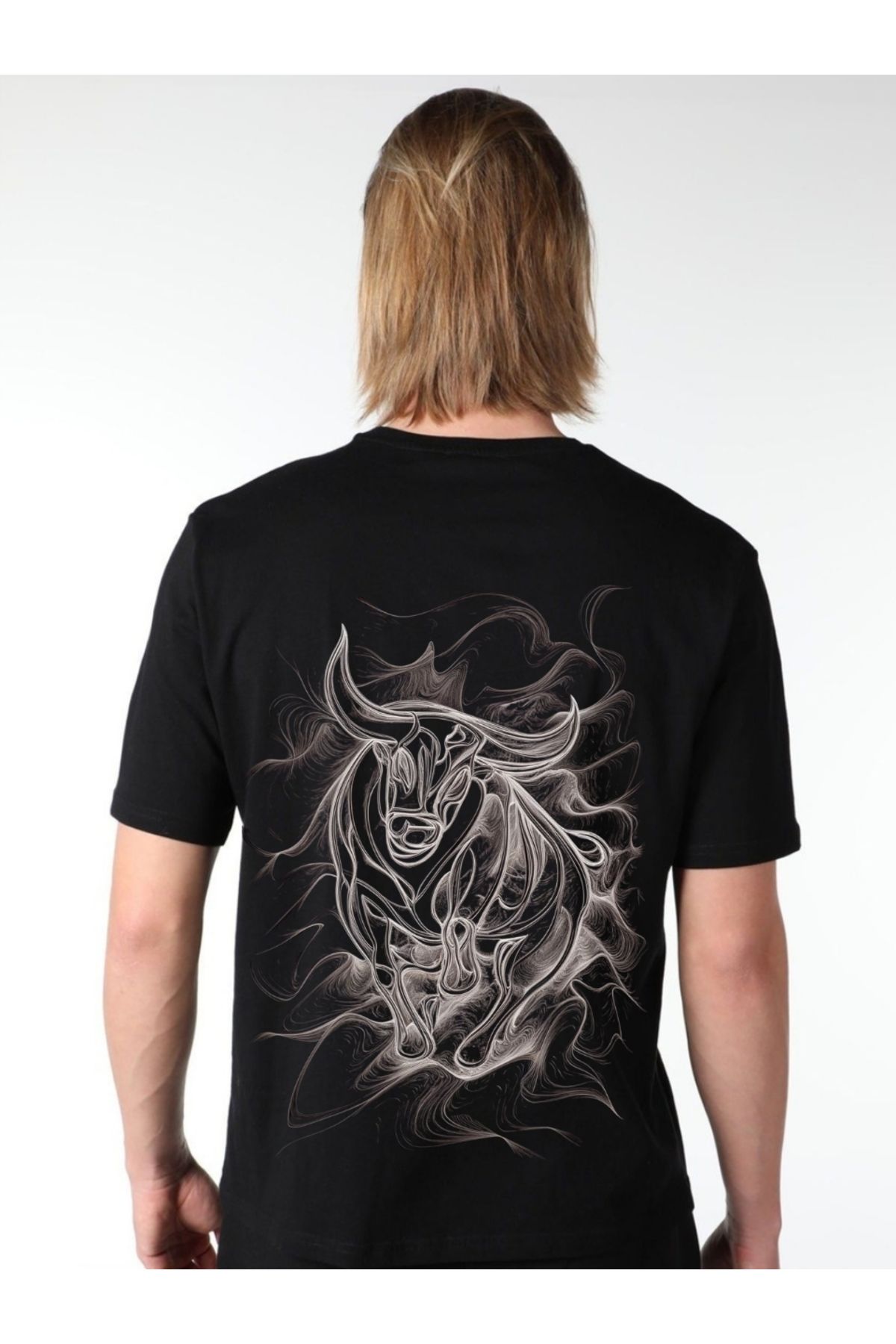 A&B STORES Siyah Sırt Baskılı Boğa Figürlü Erkek Kısa Kollu Bisiklet Yaka Siyah T-Shirt