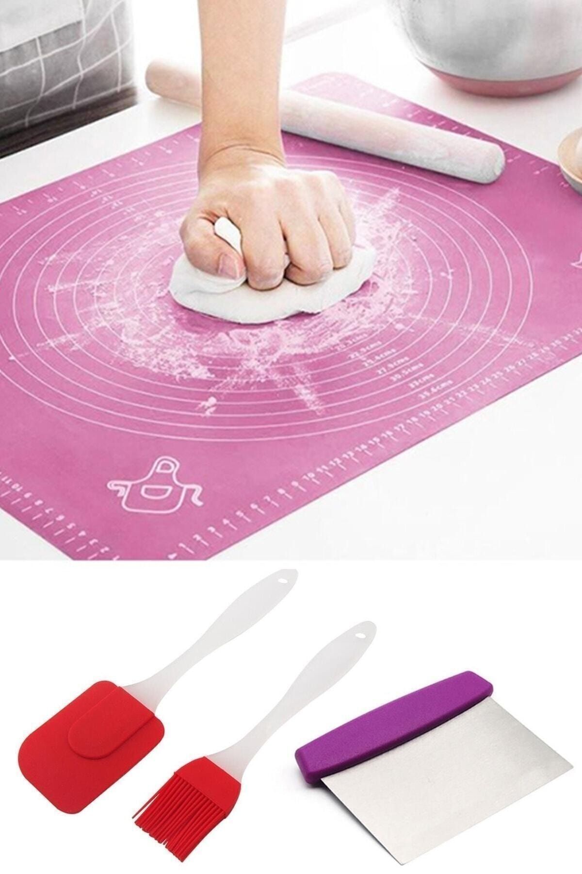 Assess Home Hamur Açma Matı + Çelik Hamur Kesme Spatulası + Silikon Yumurta Fırçası Ve Spatula 2'li Set
