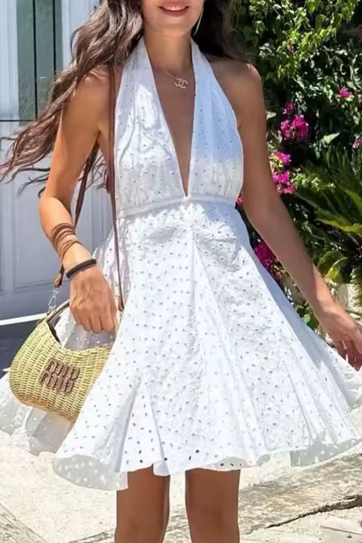 FASHION COCKTAIL Marilyn Monroe Fistolu Sırt Dekolte Bağcıklı Delikli Çan Etek Dalgalı Kloş Etek Yazlık Tatil Elbise