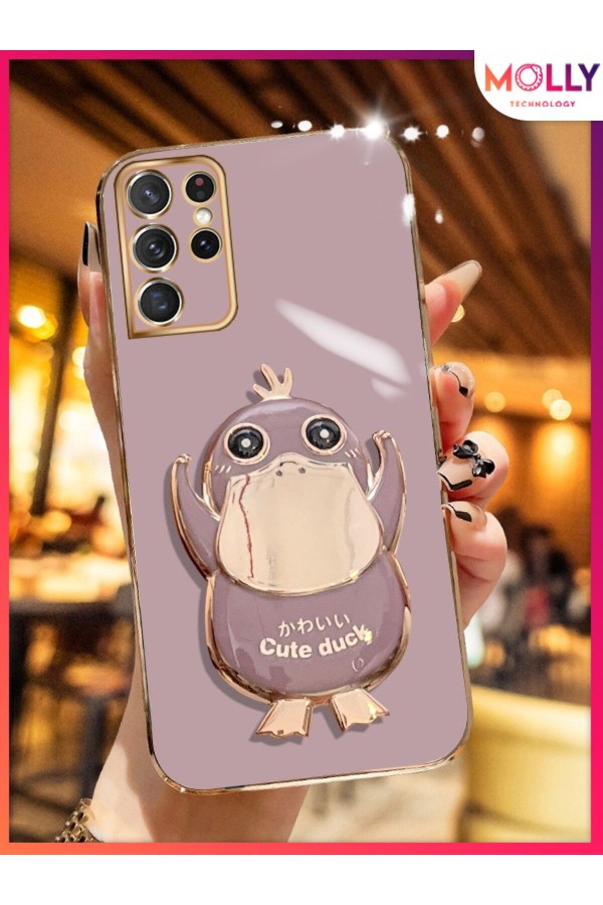 Molly Samsung Galaxy S21 ULTRA İçin Lila Sevimli Ördek Standlı Kenarları Gold Detaylı Lüks Silikon Kılıf