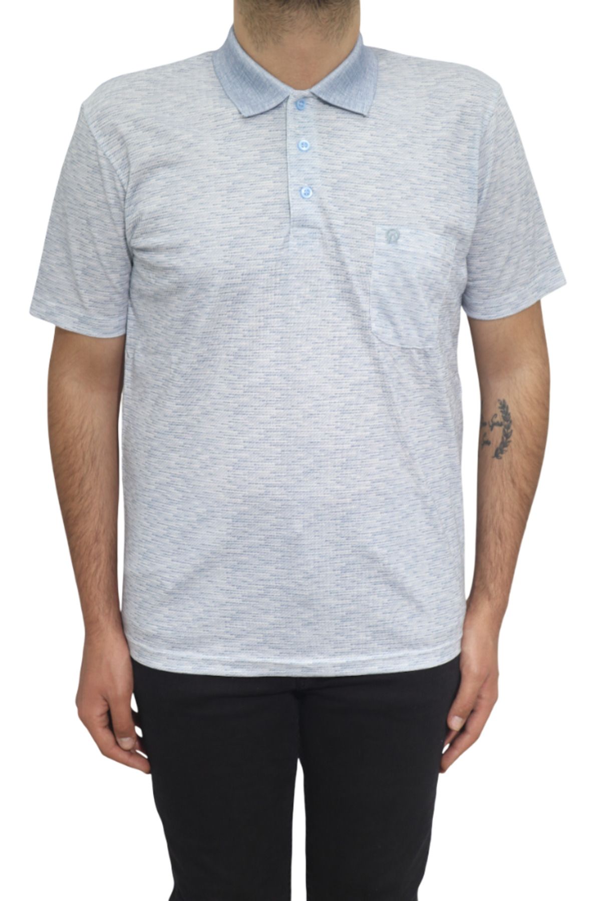 Özhürmet Triko Dmc Tekstil Erkek Mavi Desenli Klasik Kesim Rahat Kalıp Tek Cepli Polo Yaka T-Shirt