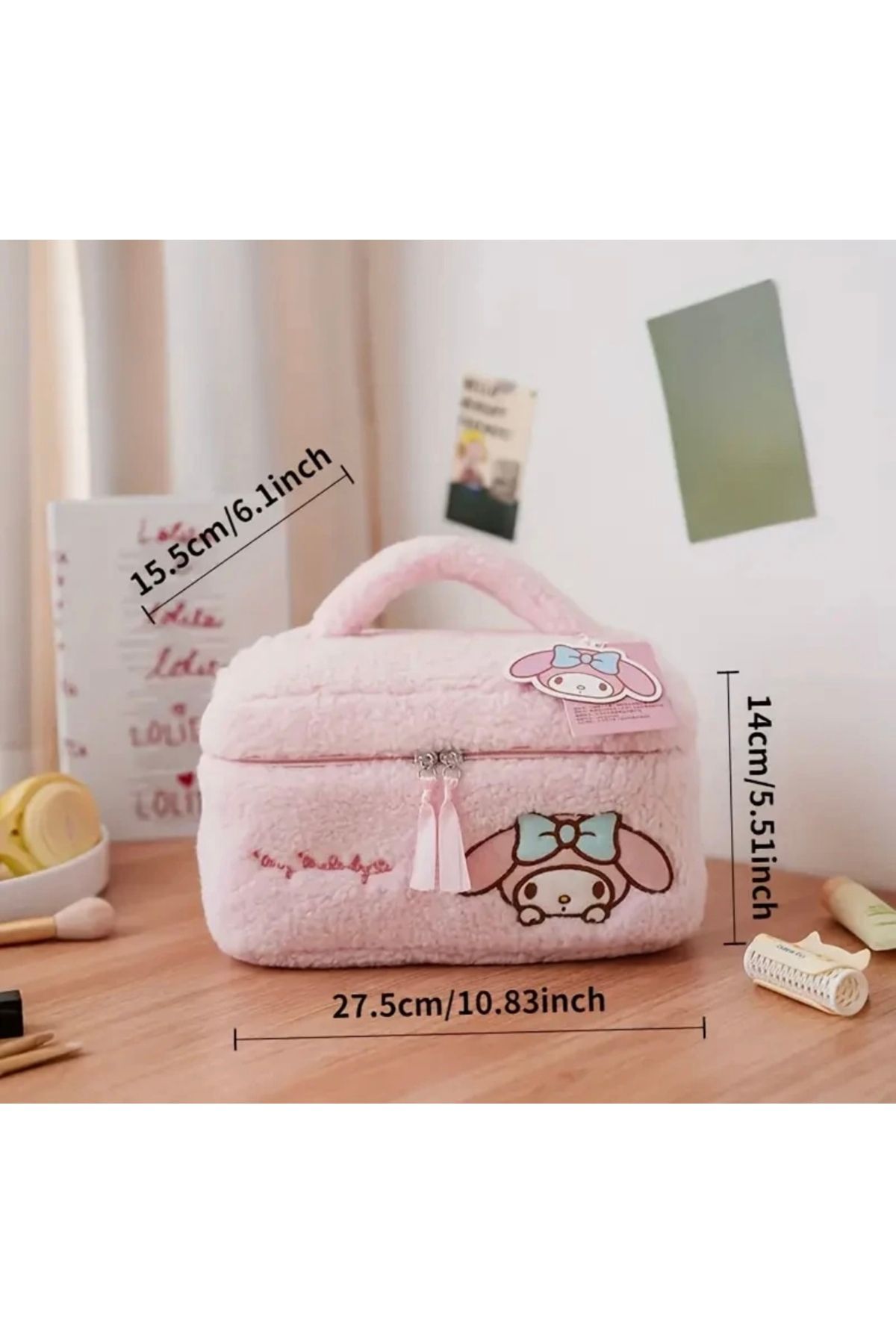 ÇANTA Peluş Makyaj Çantası 26 cm Büyük Boy Hellokitty Mymelody