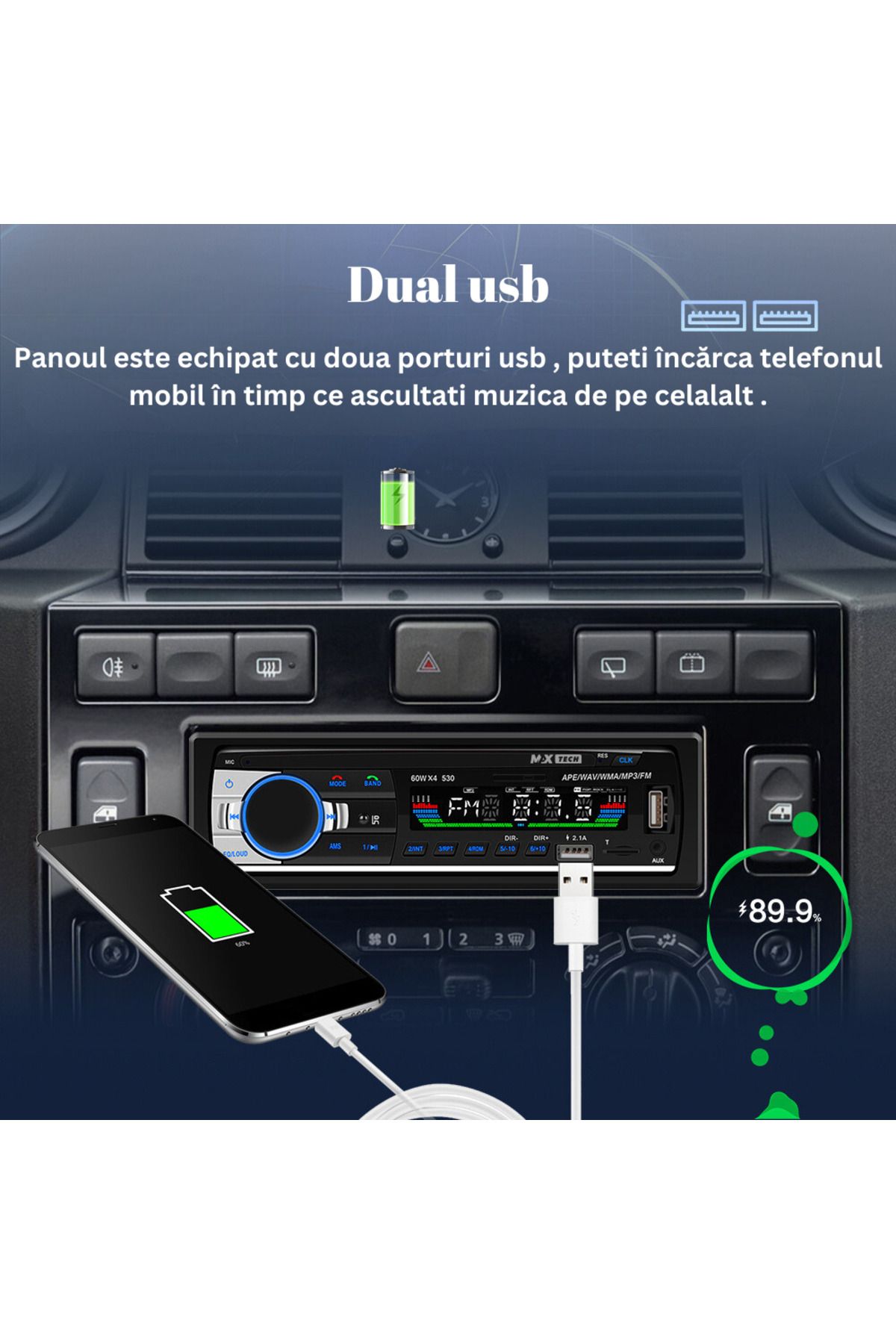MaxTech-Radio mp3 Player, Car Cassette Player 4x60W with Remote Control, Bluetooth 5.0 Functions, CardSD, Dual USB, Aux 8