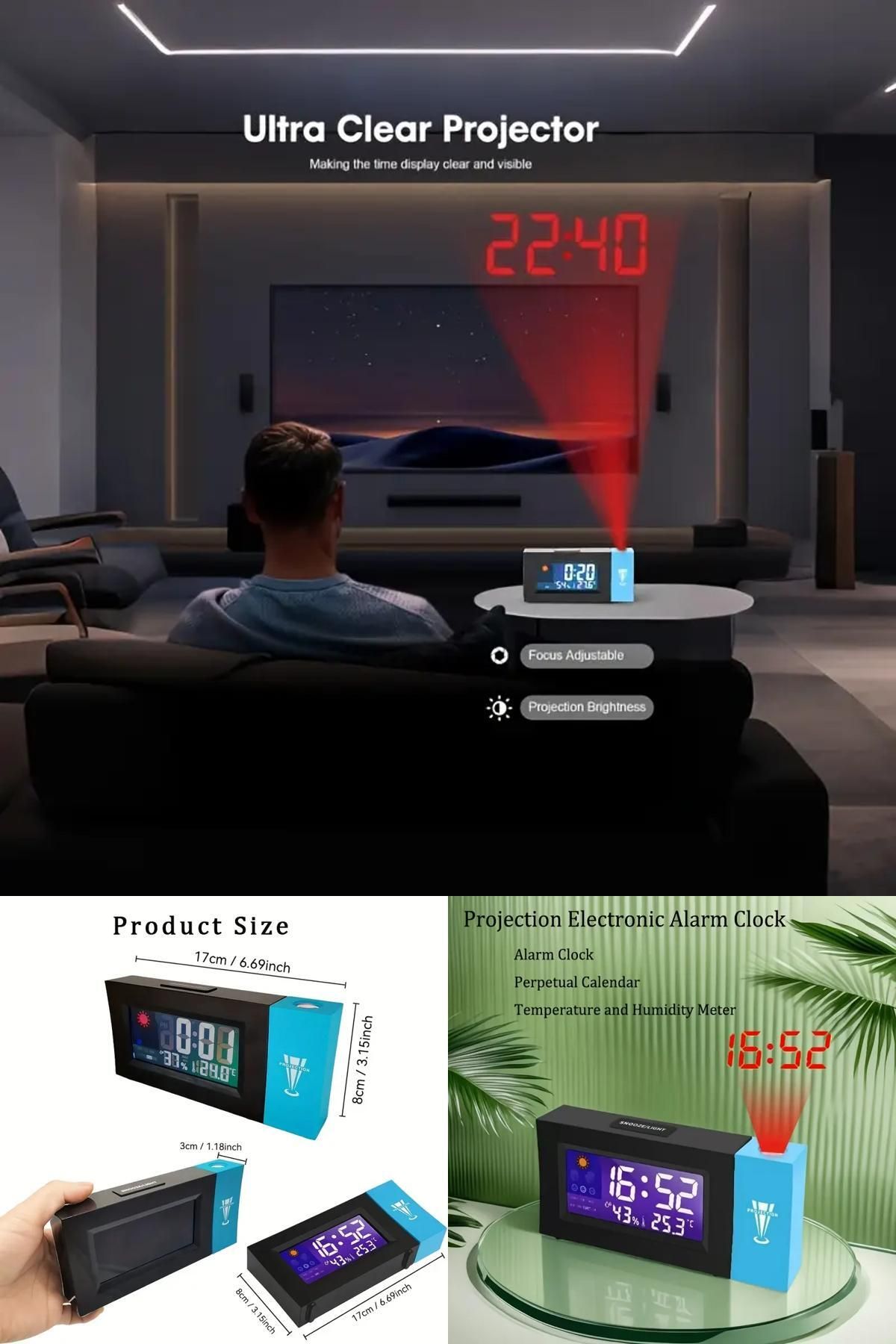 Midday Djital Ekranlı Projeksiyon Duvara Zaman Yansıtan Alarm Saat LCD Ekranlı,USB Destekli, Modern Tasarım