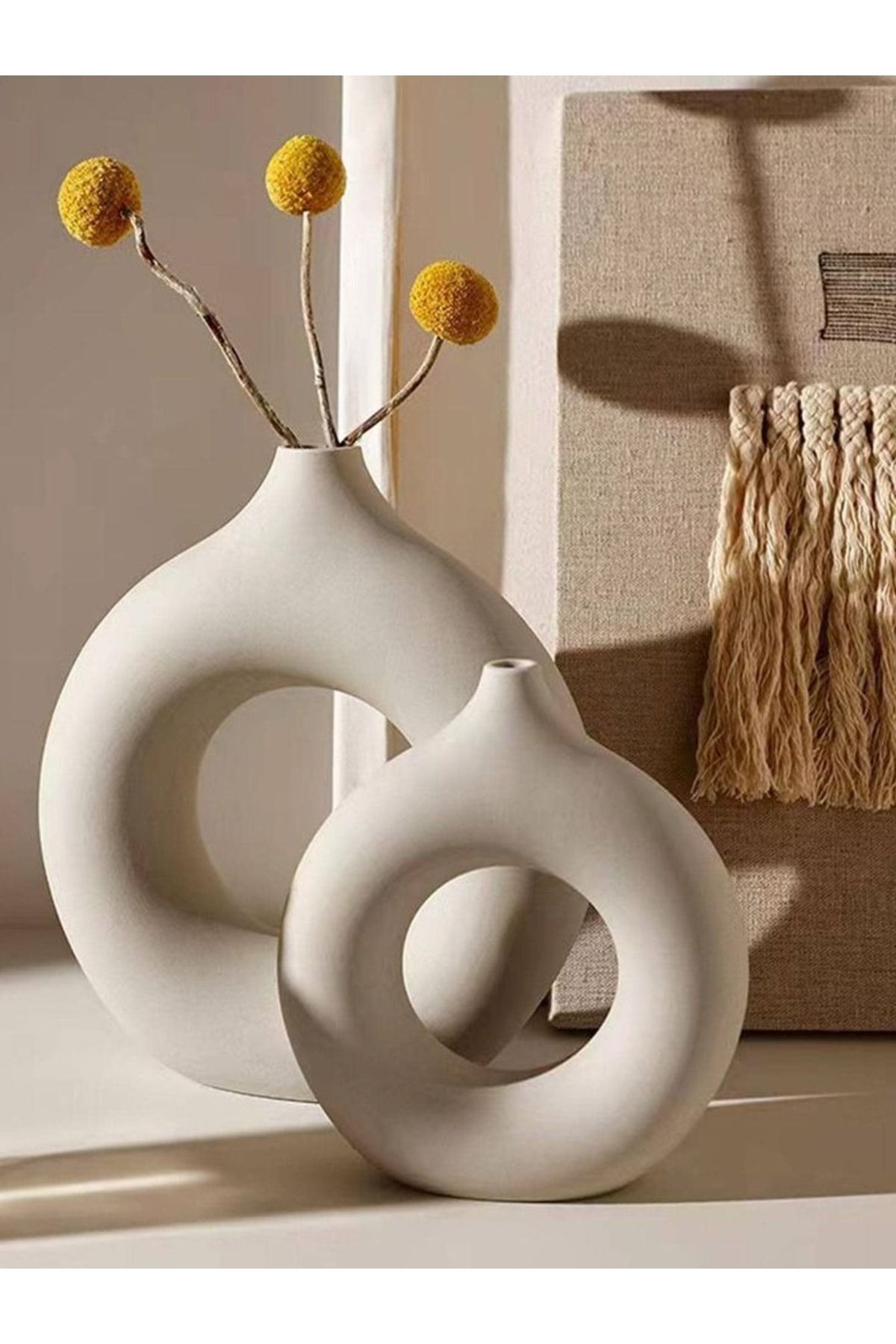 Lui Tasarım Krem Rengi XXL Boy Seramik 2li Halka Vazo Set 31 cm Beton Alçı Değildir