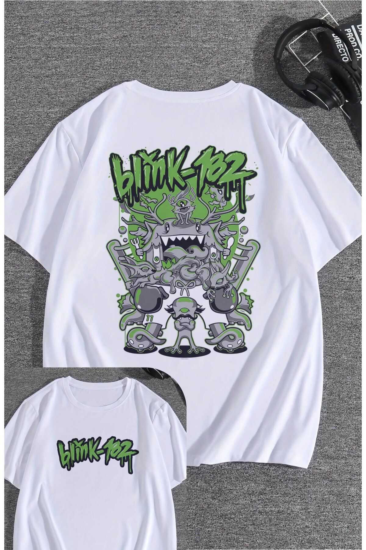 Fuddy Moda Unisex Blink 182 Sırt Baskılı Tişört, Oversize Rock Grubu Temalı T-shirt