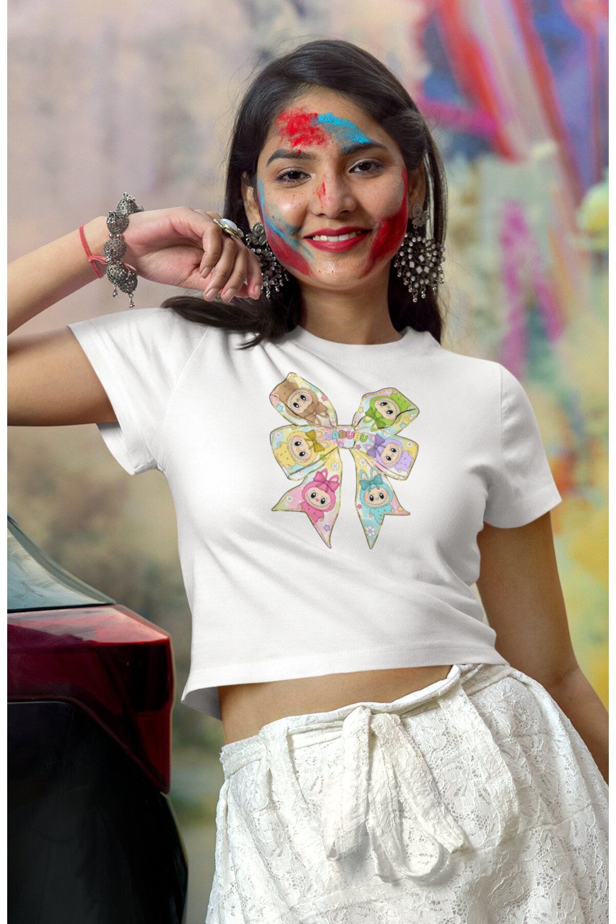 Fuddy Moda Kurdele Labubu Baskılı Kadın Crop Top, Peluş Oyuncak Temalı Kız Çocuk Crop Bluz