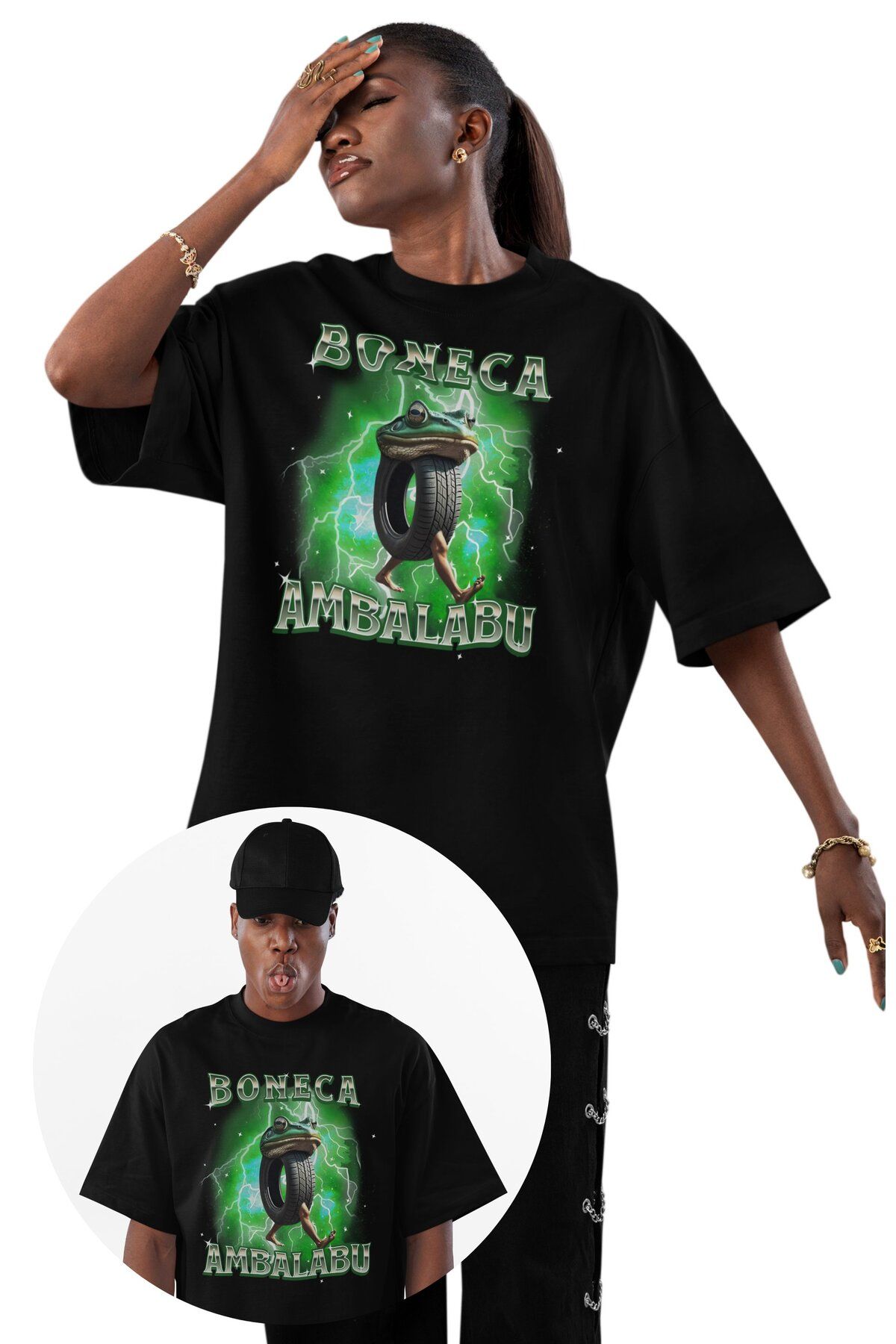Fuddy Moda Unisex Boneca Ambalabu Baskılı T-shirt, Oversize Tung Tung Tung Sahur Temalı Bisiklet Yaka Tişört