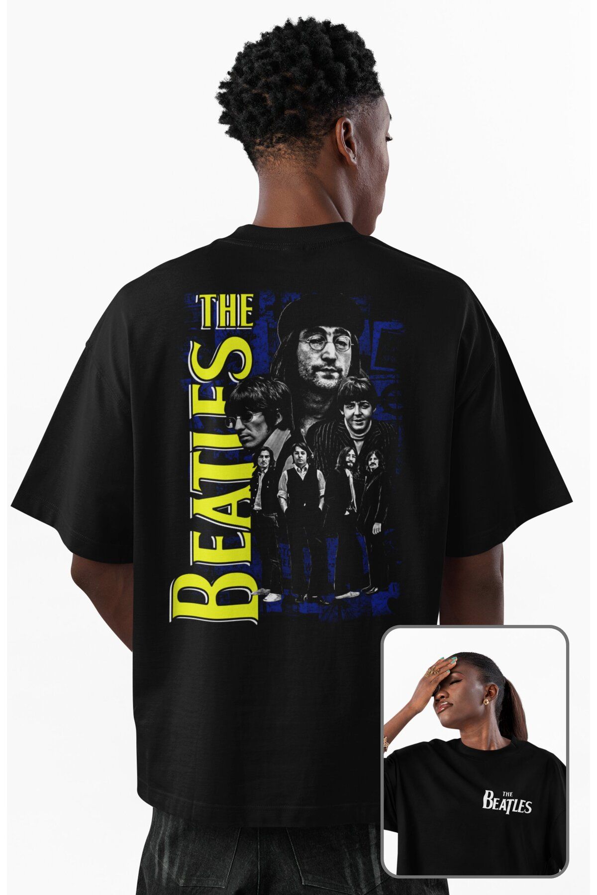Fuddy Moda Unisex The Beatles Cep Sırt Baskılı Tişört, Oversize Rock Band Temalı T-shirt