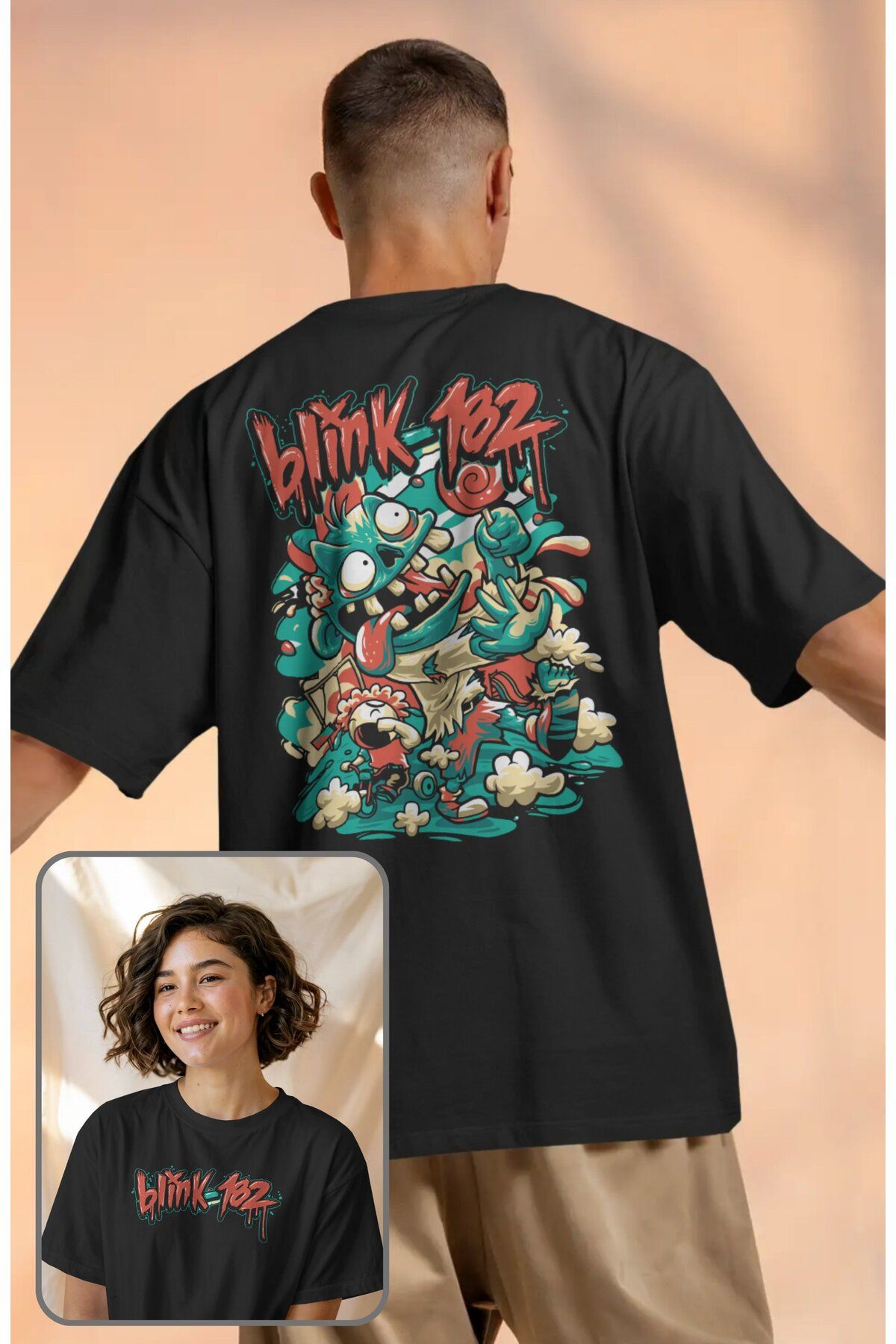 Fuddy Moda Unisex Blink-182 Funny Sırt Baskılı Tişört, Oversize Rock Band Temalı T-shirt
