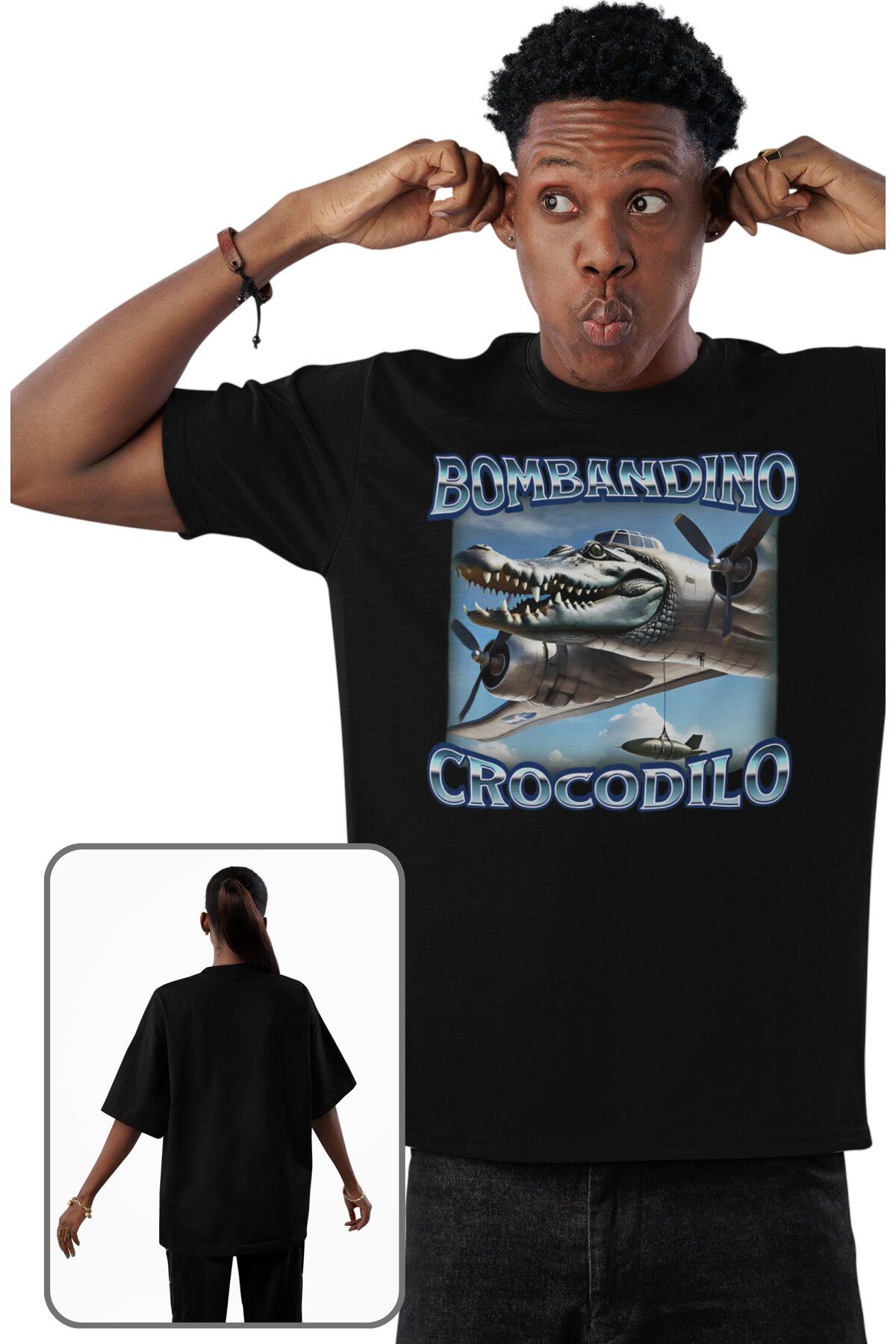 Fuddy Moda Unisex Bombandino Crocodilo Baskılı T-shirt, Oversize Tung Tung Tung Sahur Temalı Tişört