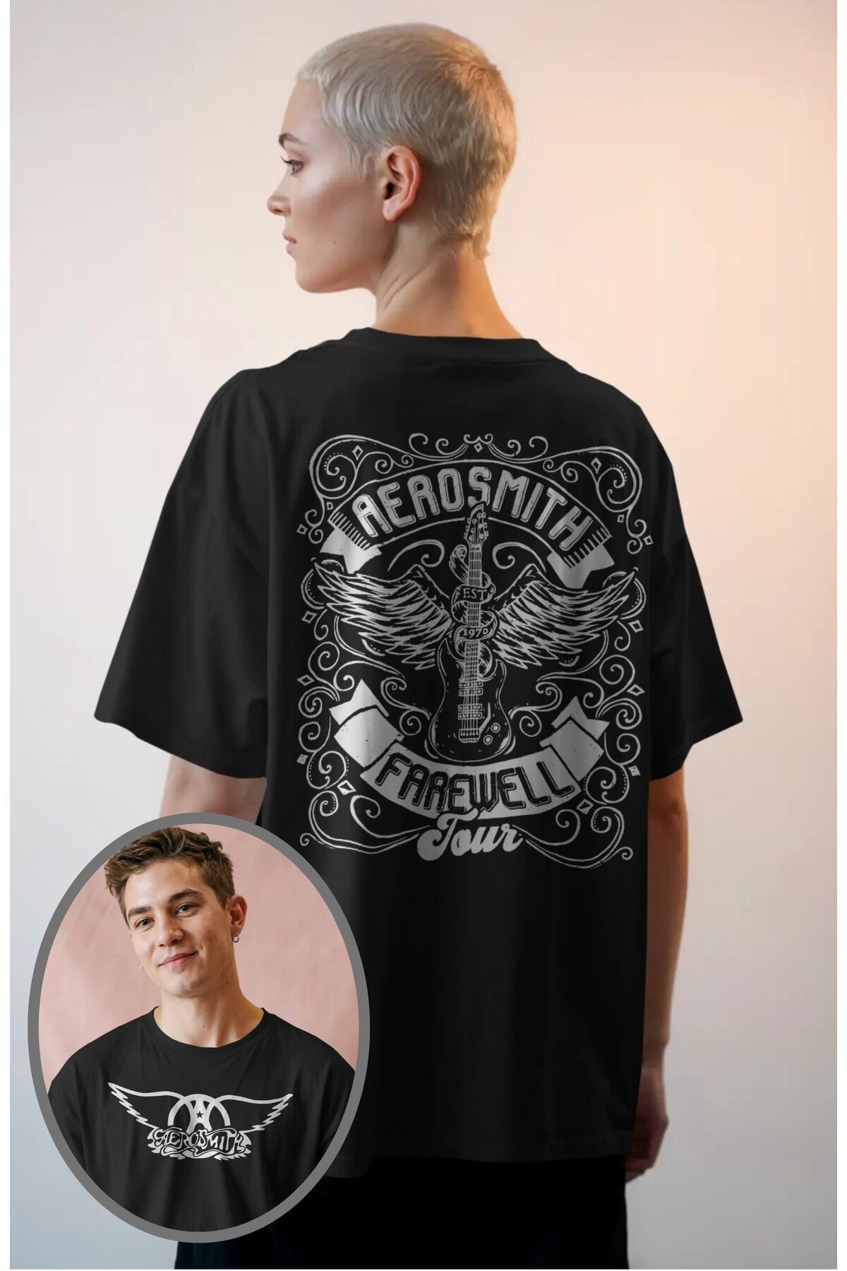 Fuddy Moda Unisex Aerosmith Farewell Tour Sırt Baskılı Tişört, Oversize Rock Band Temalı T-shirt