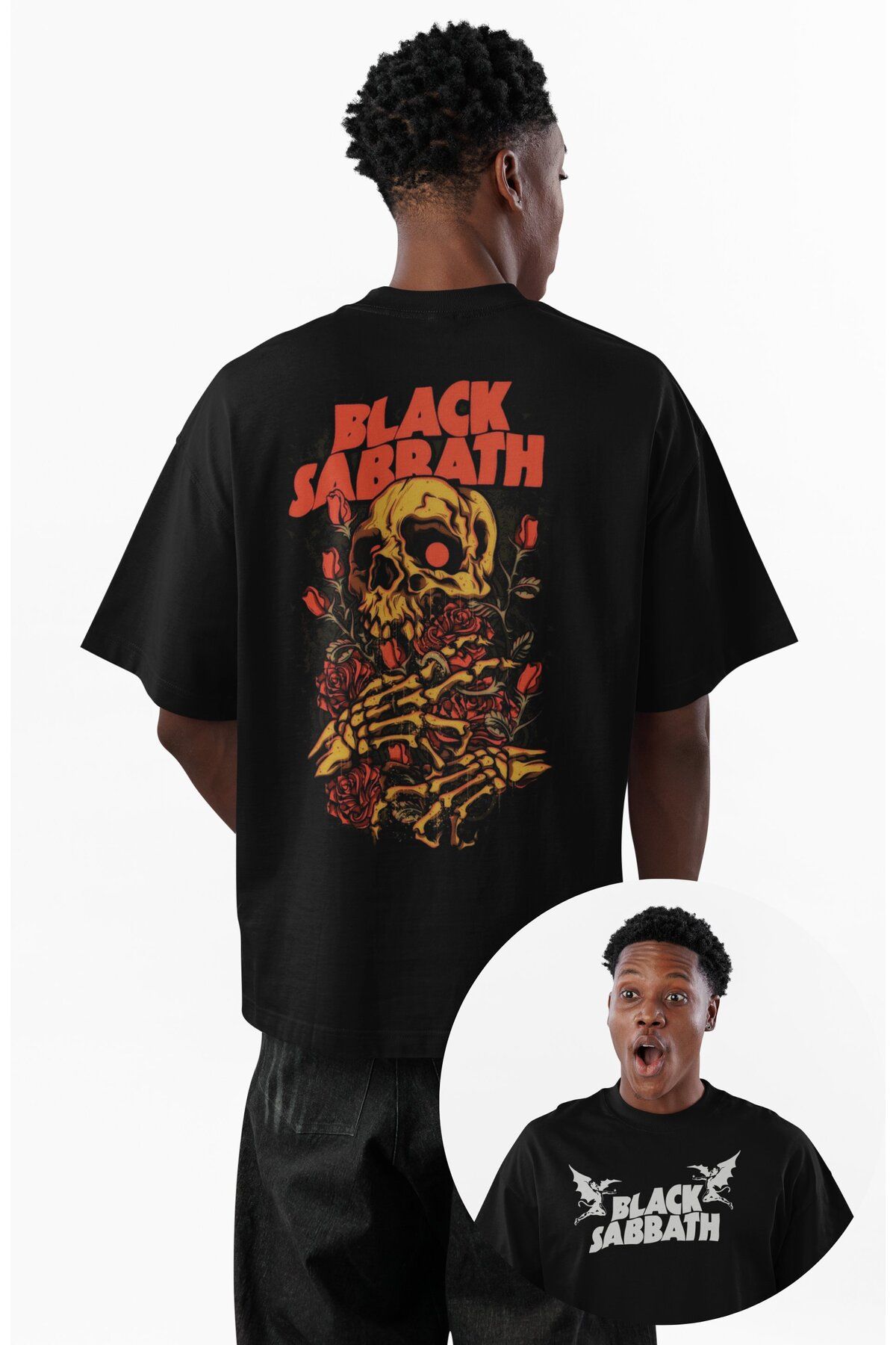Fuddy Moda Unisex Black Sabbath Rose And Skull Sırt Baskılı Tişört, Oversize Rock Grubu Temalı T-shirt