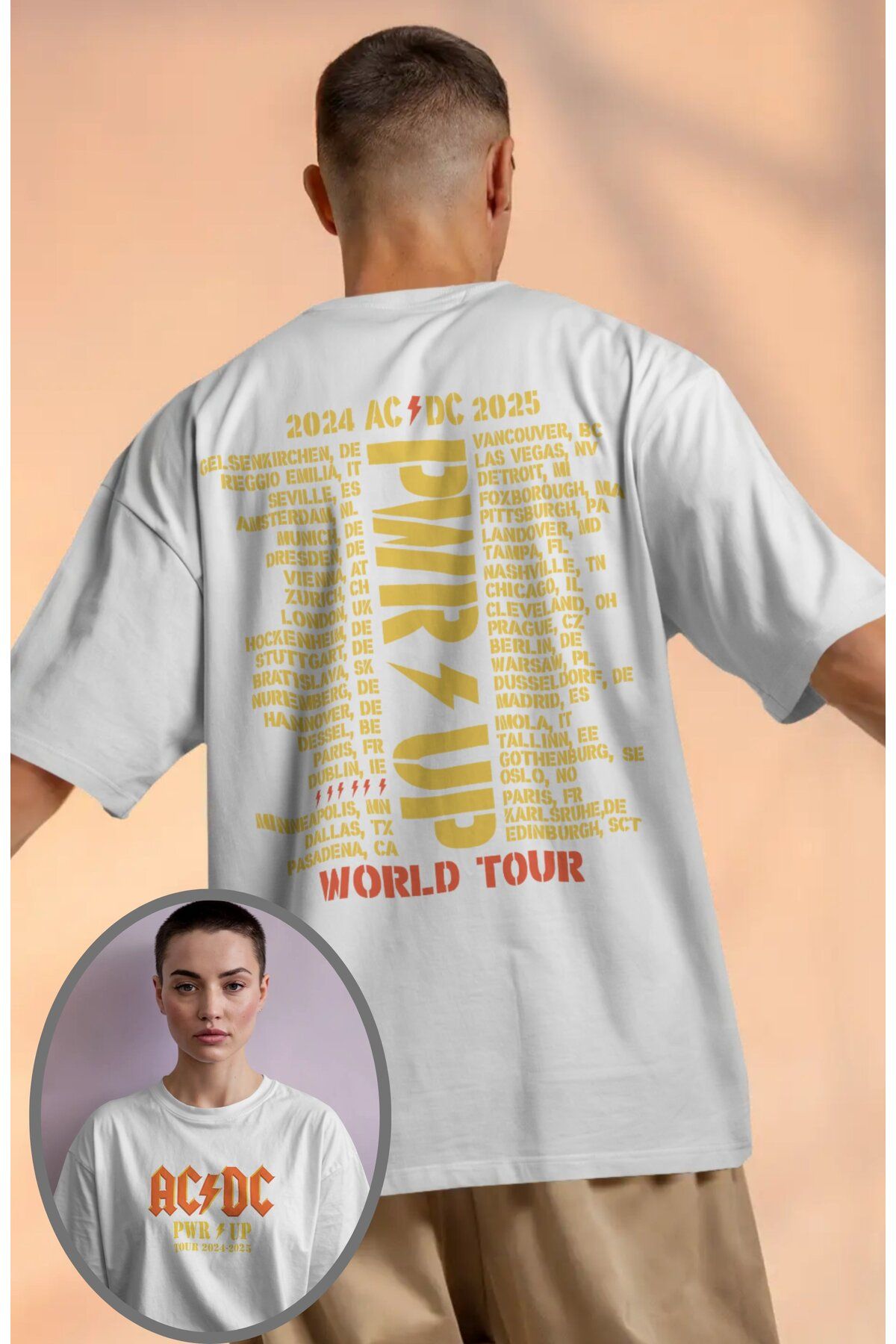 Fuddy Moda Unisex AC-DC World Tour 2024-2025 Sırt Baskılı Tişört, Oversize Rock Grubu Temalı T-shirt