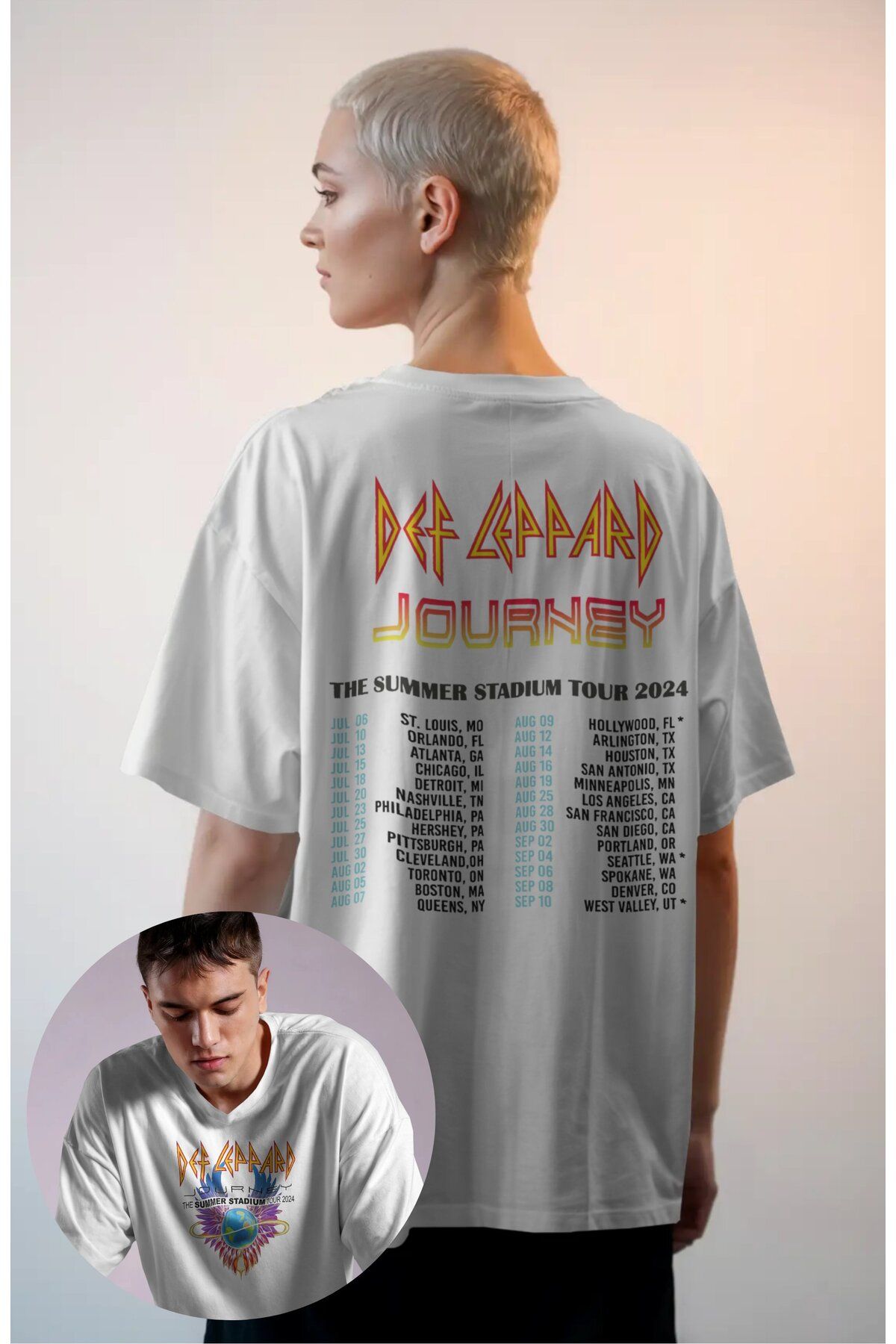 Fuddy Moda Unisex Def Leppard Journey Sırt Baskılı Tişört, Oversize Rock Band Temalı T-shirt