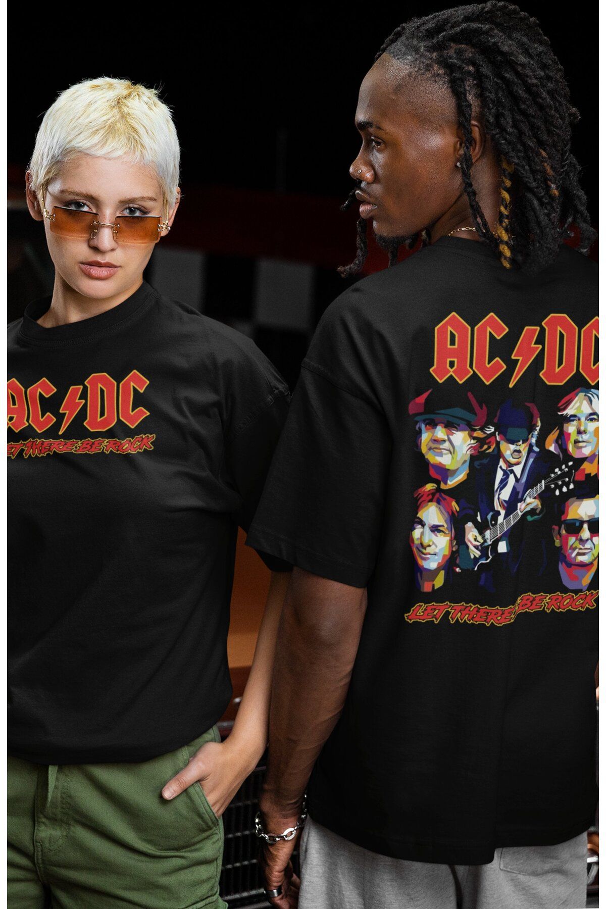 Fuddy Moda Unisex Let There Be Rock AC-DC Sırt Baskılı Tişört, Oversize Rock Grubu Temalı T-shirt