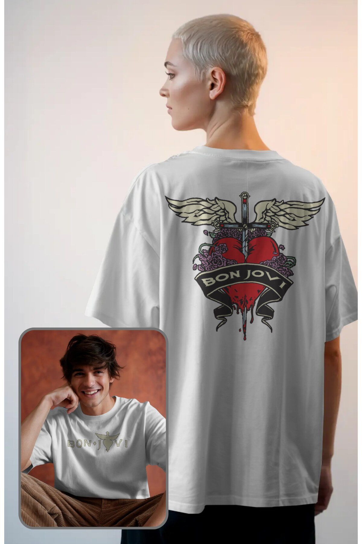 Fuddy Moda Unisex Bon Jovi Sırt Baskılı Tişört, Oversize Rock Band Temalı T-shirt