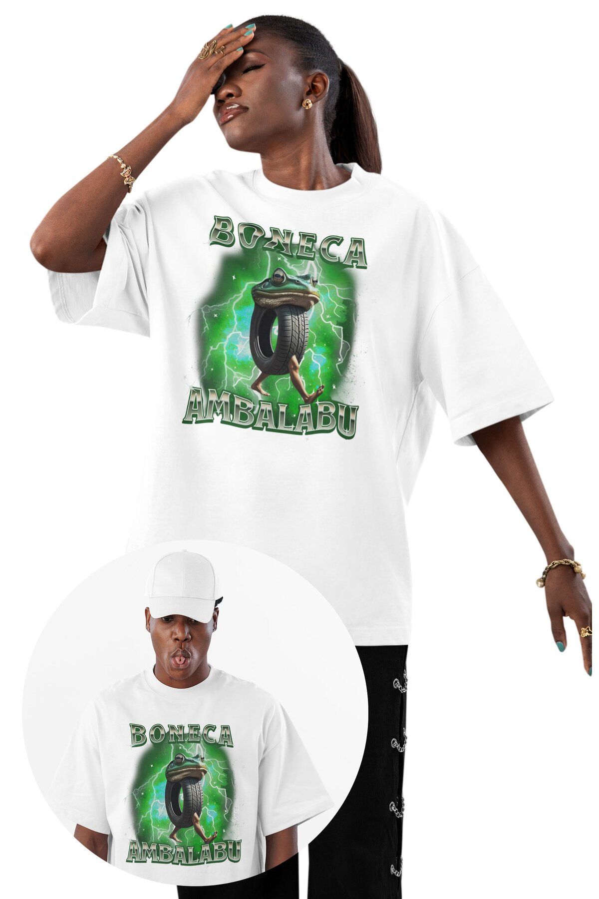 Fuddy Moda Unisex Boneca Ambalabu Baskılı T-shirt, Oversize Tung Tung Tung Sahur Temalı Bisiklet Yaka Tişört
