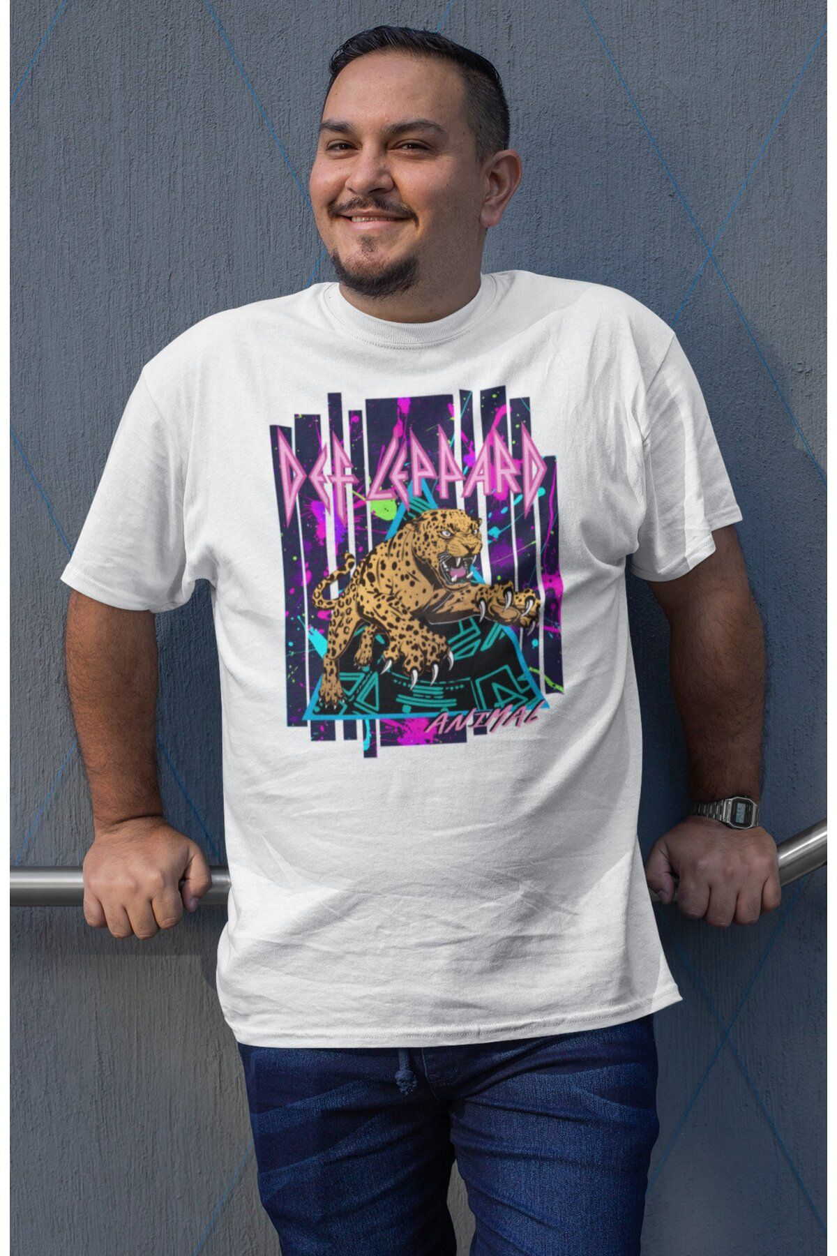 Fuddy Moda Unisex Def Leppard Animal Baskılı Tişört, Oversize Rock Band Temalı Bisiklet Yaka T-shirt