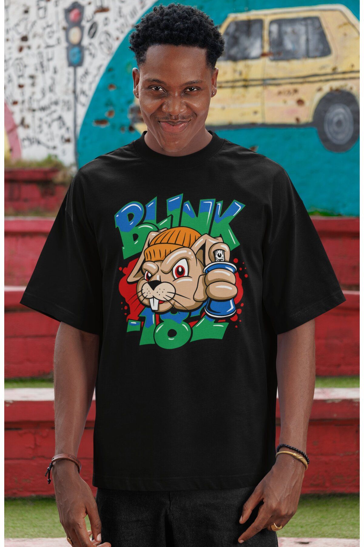 Fuddy Moda Unisex Blink-182 Squirrel Baskılı Tişört, Oversize Rock Grubu Temalı Bisiklet Yaka T-shirt