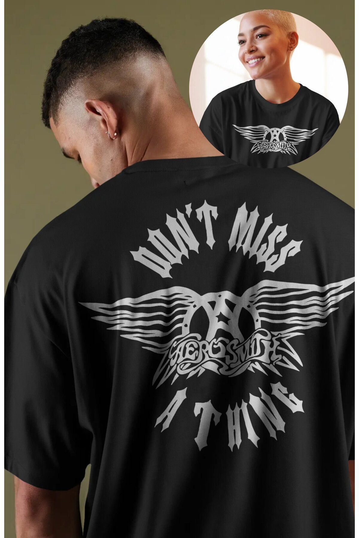 Fuddy Moda Unisex Aerosmith Dont Miss A Thing Sırt Baskılı Tişört, Oversize Rock Grubu Temalı T-shirt