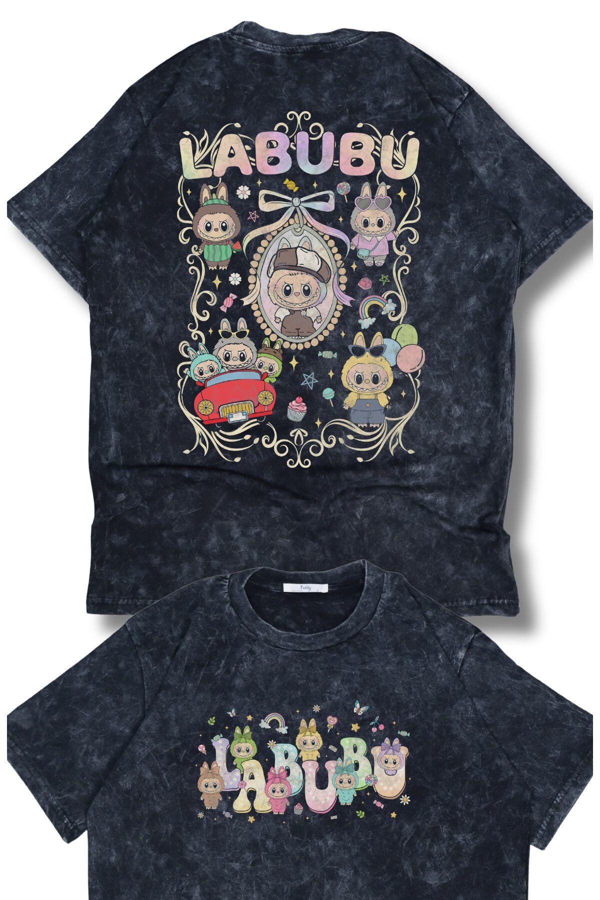 Fuddy Moda Unisex Kurdeleli Labubu Sırt Baskılı Yıkamalı T-Shirt, Oversize Oyuncak Peluş Temalı Retro Tişört