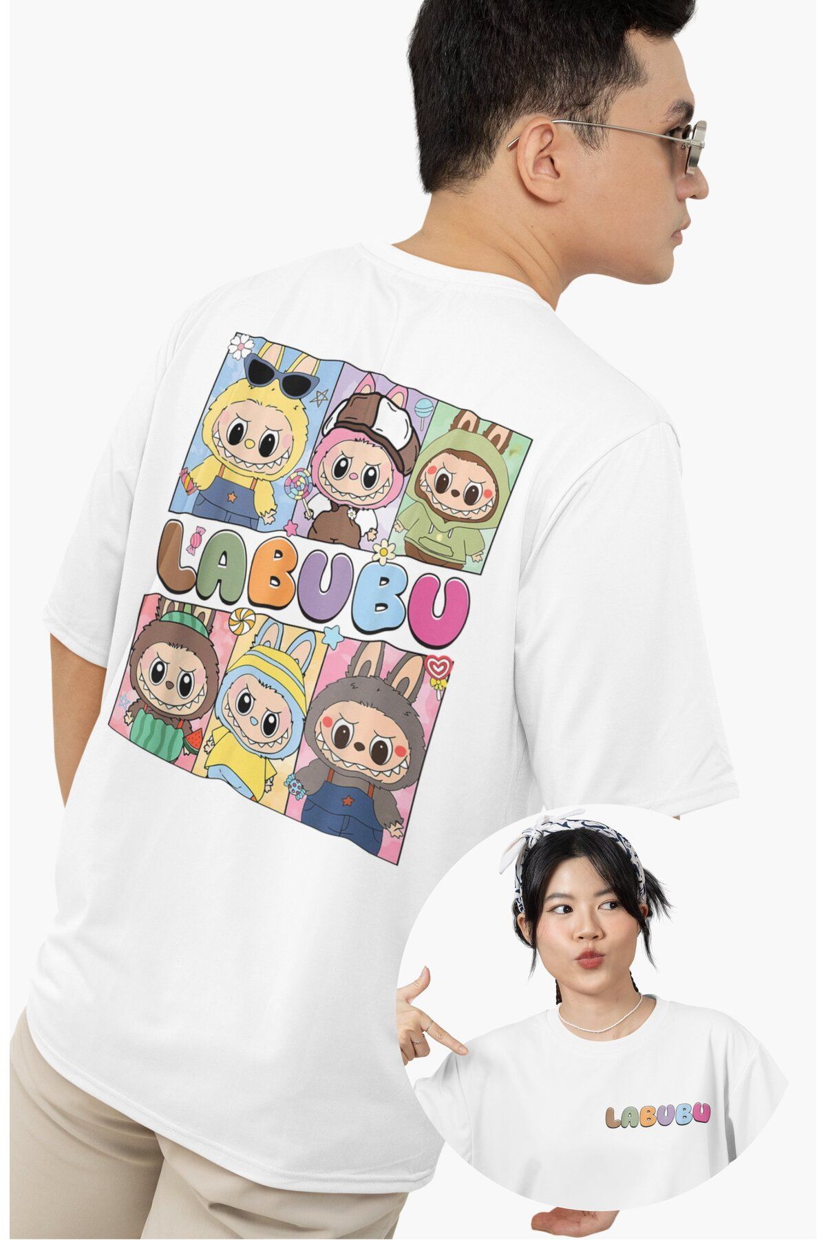 Fuddy Moda Unisex Labubu Yazılı Cep Sırt Baskılı T-shirt, Oversize Peluş Oyuncak Temalı Tişört