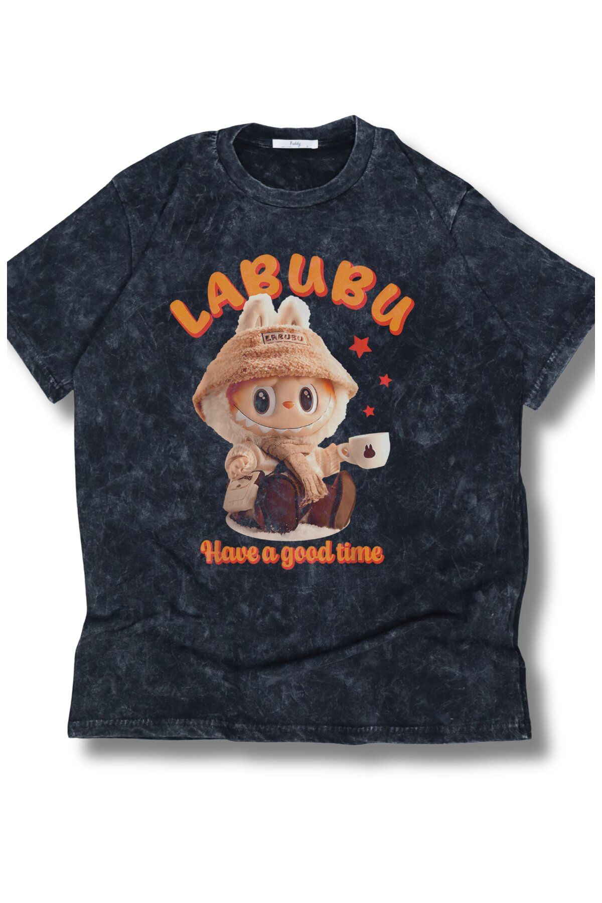 Fuddy Moda Unisex Have A Good Time Labubu Baskılı Yıkamalı T-Shirt, Oversize Oyuncak Peluş Temalı Tişört