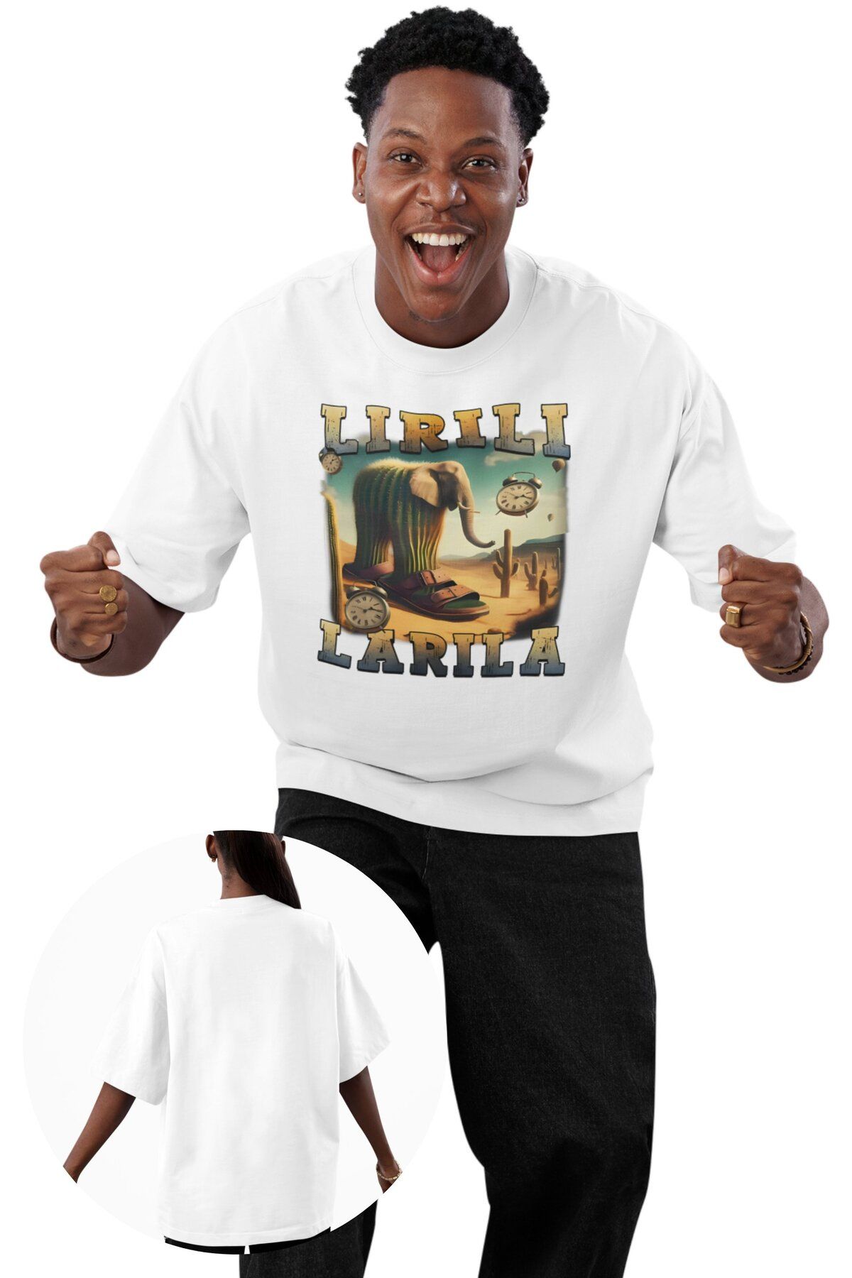 Fuddy Moda Unisex Lirili Larila Baskılı T-shirt, Oversize Tung Tung Tung Sahur Temalı Bisiklet Yaka Tişört