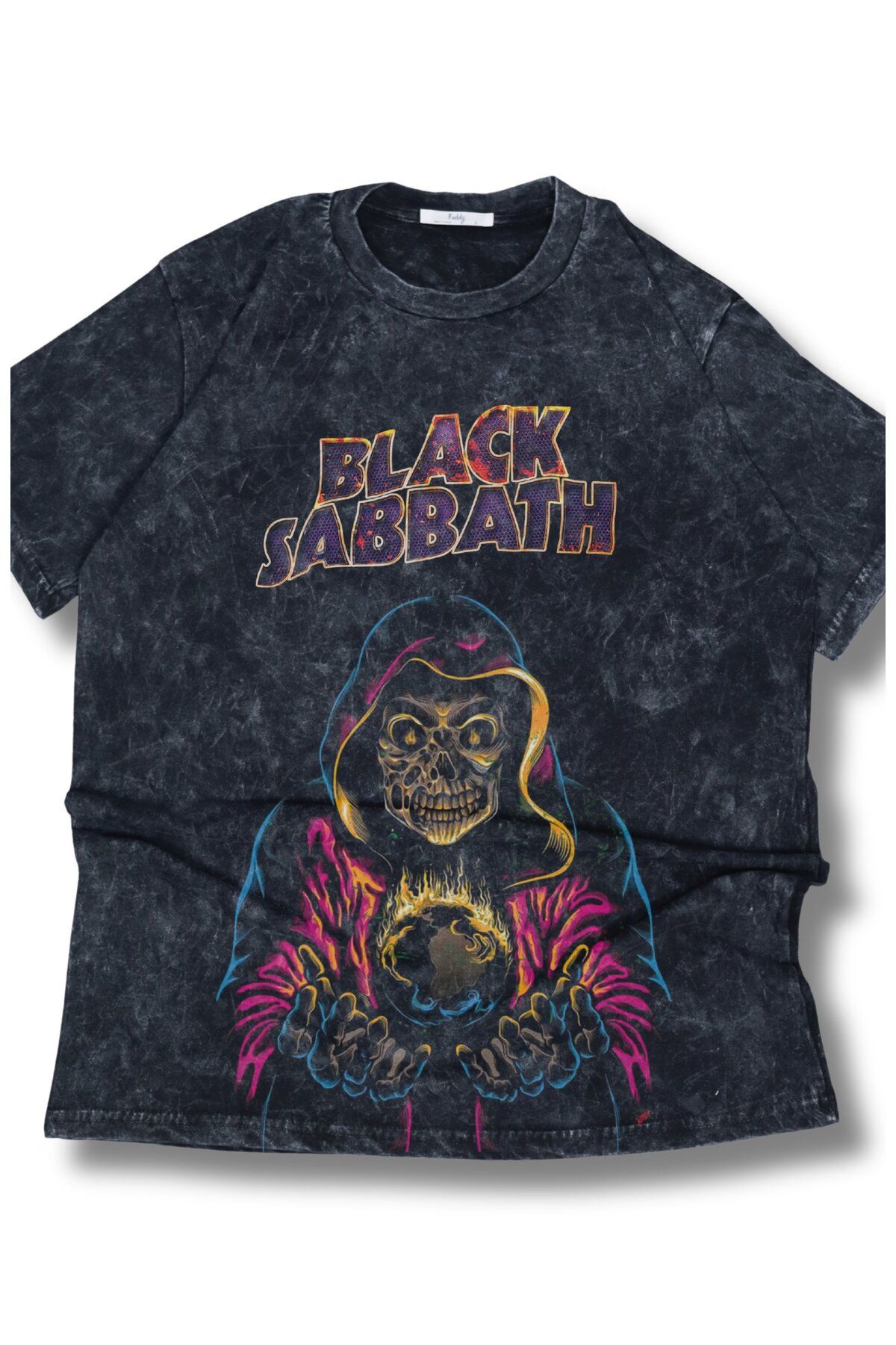 Fuddy Moda Unisex Renkli Black Sabbath Baskılı Yıkamalı T-Shirt, Oversize Rock Grubu Temalı Retro Tişört