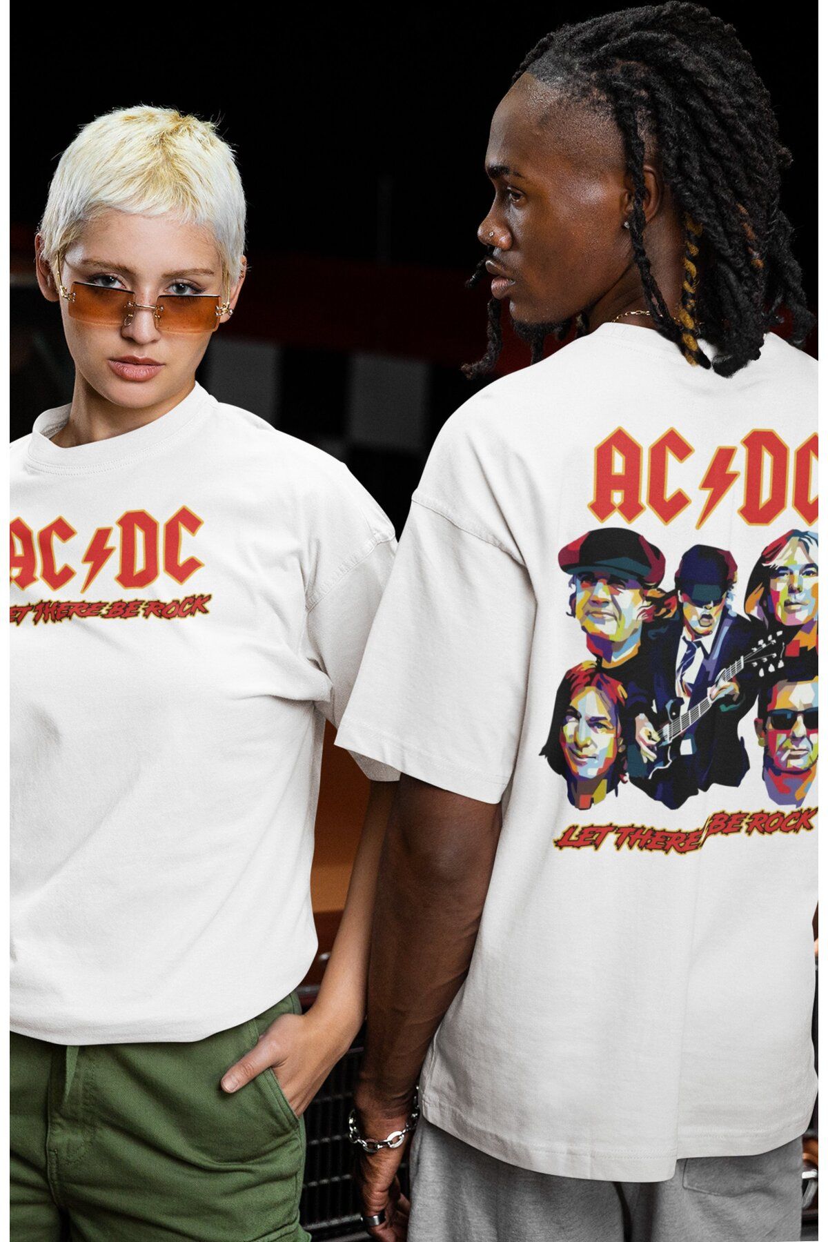 Fuddy Moda Unisex Let There Be Rock AC-DC Sırt Baskılı Tişört, Oversize Rock Grubu Temalı T-shirt