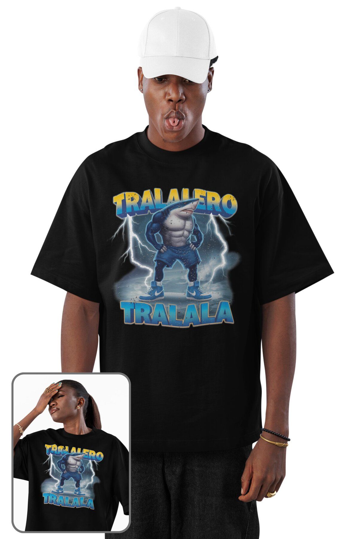 Fuddy Moda Unisex Tralalero Tralala Baskılı T-shirt, Oversize Tung Tung Tung Sahur Temalı Bisiklet Yaka Tişört