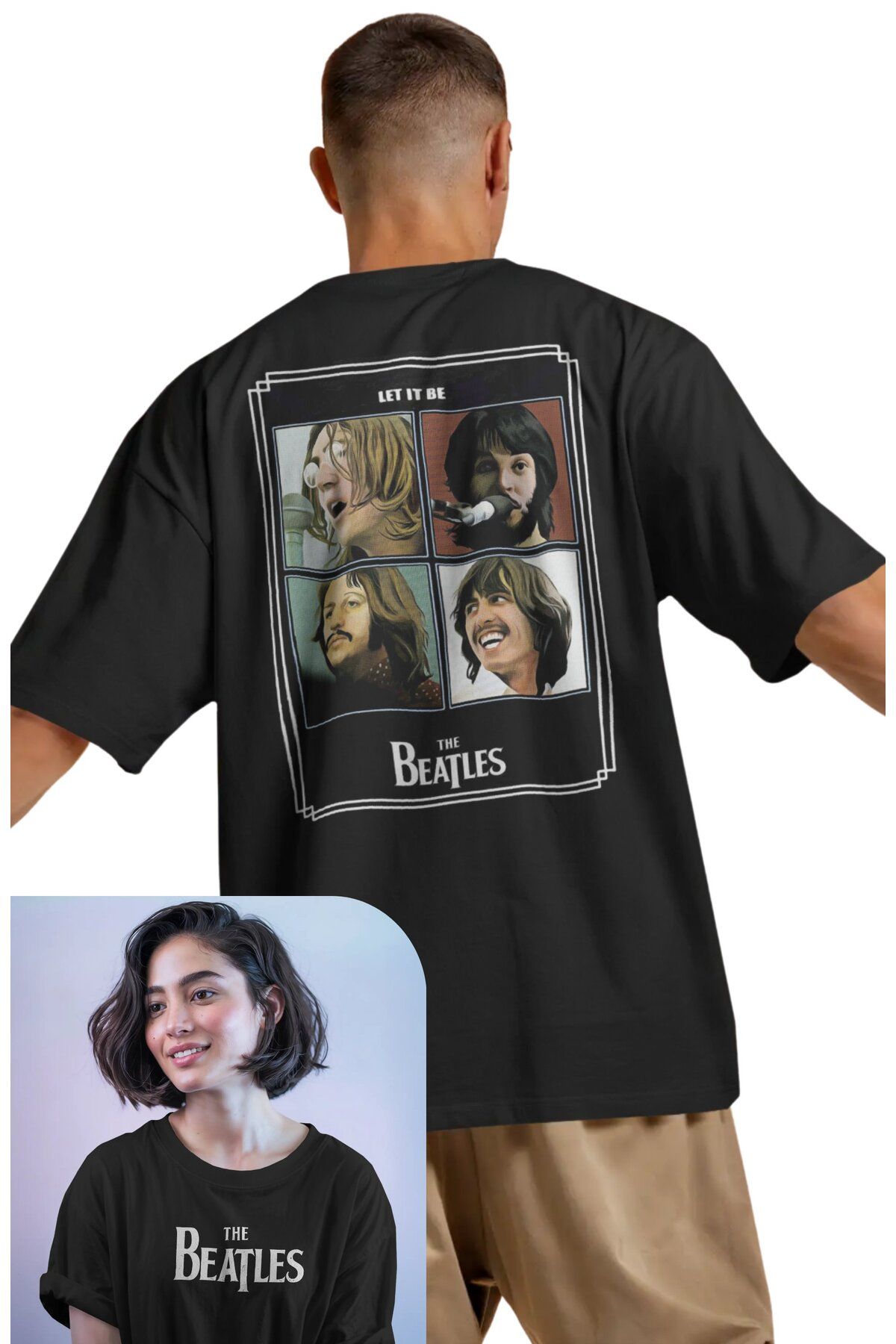 Fuddy Moda Unisex Let It Be The Beatles Sırt Baskılı Tişört, Oversize Rock Grubu Temalı T-shirt