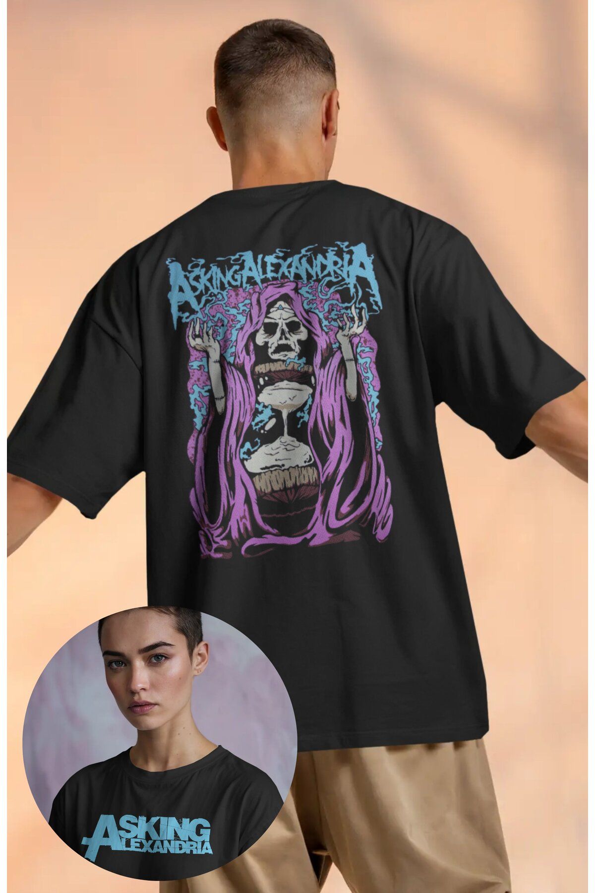 Fuddy Moda Unisex Asking Alexandria Sırt Baskılı Tişört, Oversize Rock Grubu Temalı T-shirt