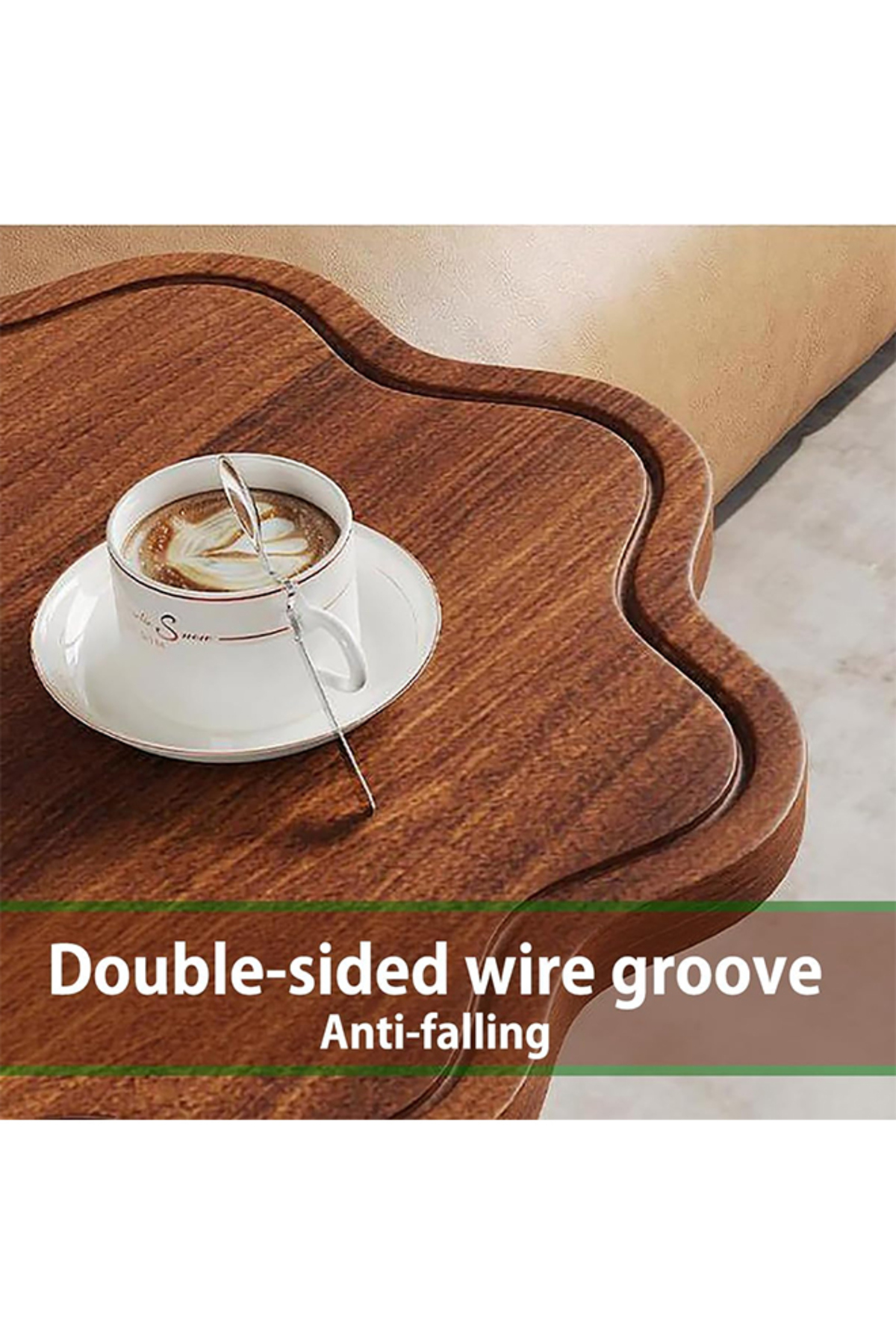 طاولة قهوة عصرية | طاولة جانبية على شكل حرف C بسطح خشبي على شكل زهرة وإطار معدني أسود