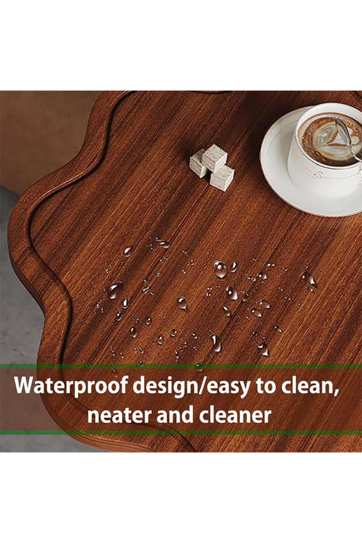 طاولة قهوة عصرية | طاولة جانبية على شكل حرف C بسطح خشبي على شكل زهرة وإطار معدني أسود